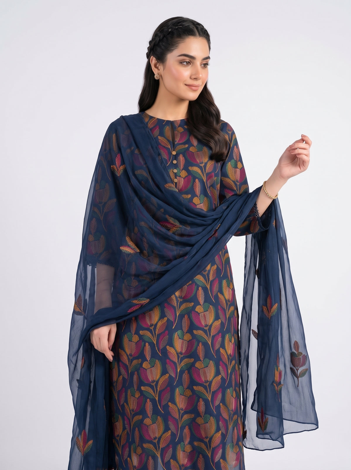 Navy Blue Floral Karandi - Unstitched