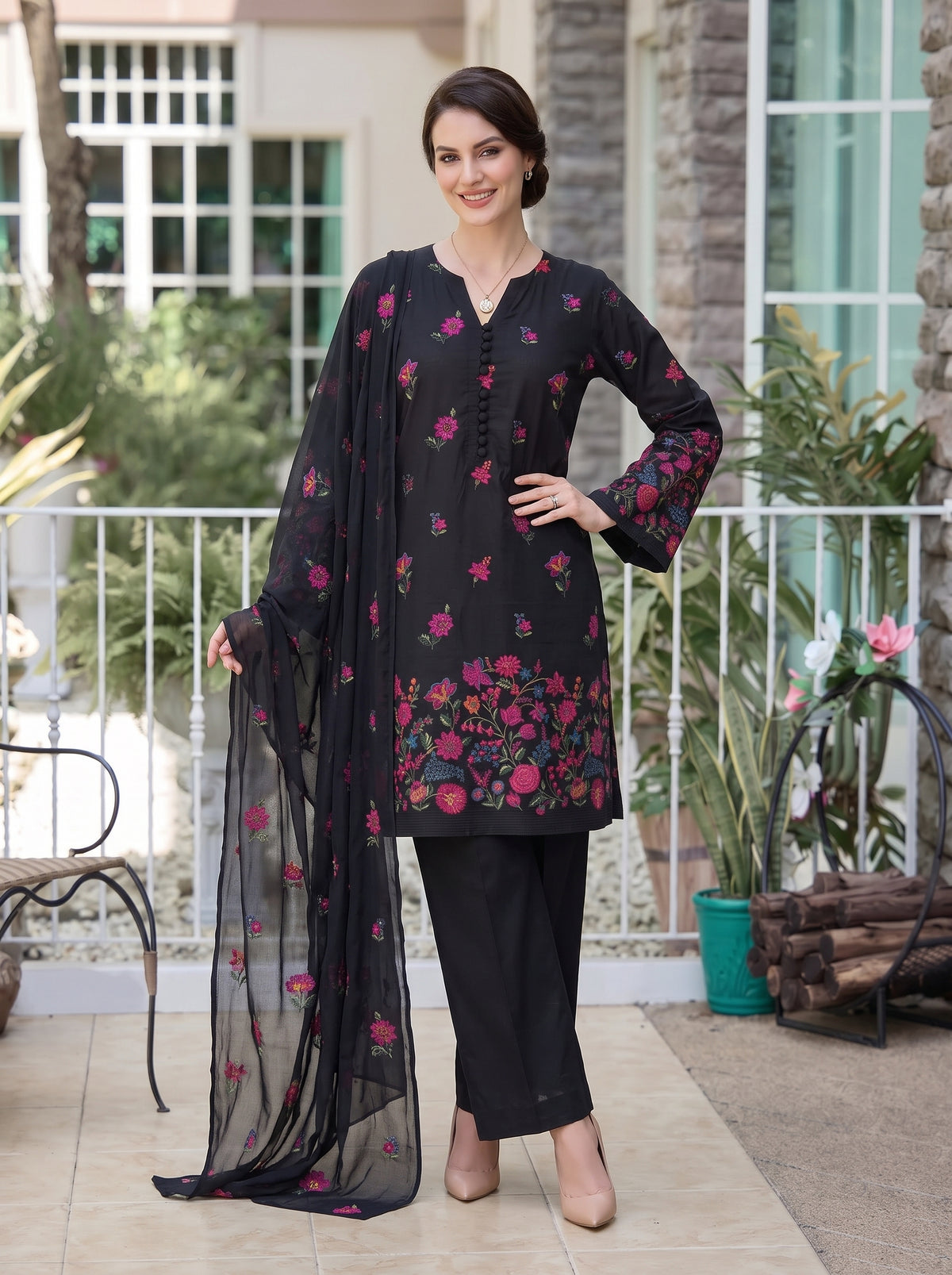 Floral Garden Black Karandi