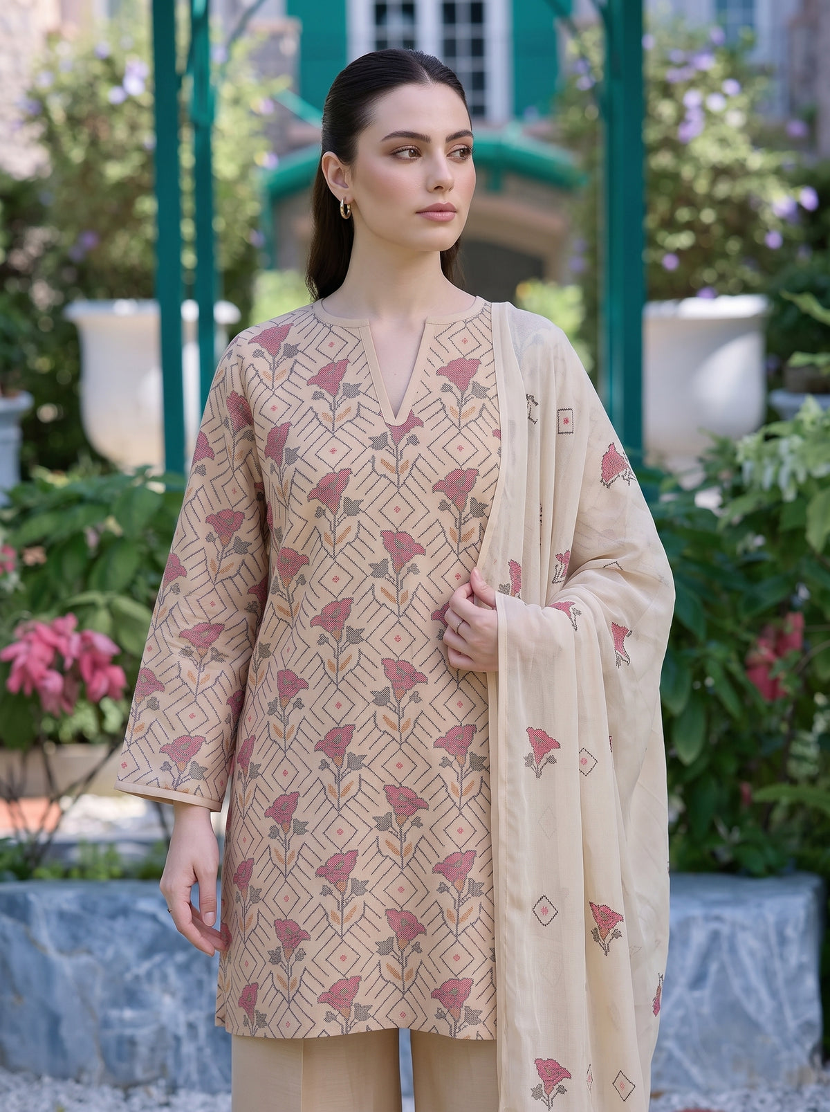 Beige Cross Stitch Floral Karandi