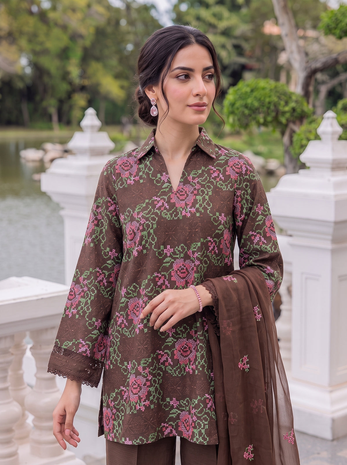 Brown Abstract Floral Karandi 3Pc
