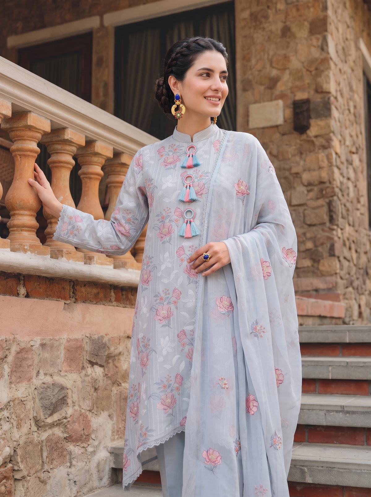Ice-Blue Rose Embroidery Karandi