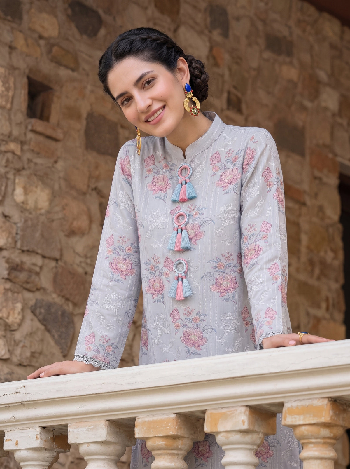 Ice-Blue Rose Embroidery Karandi
