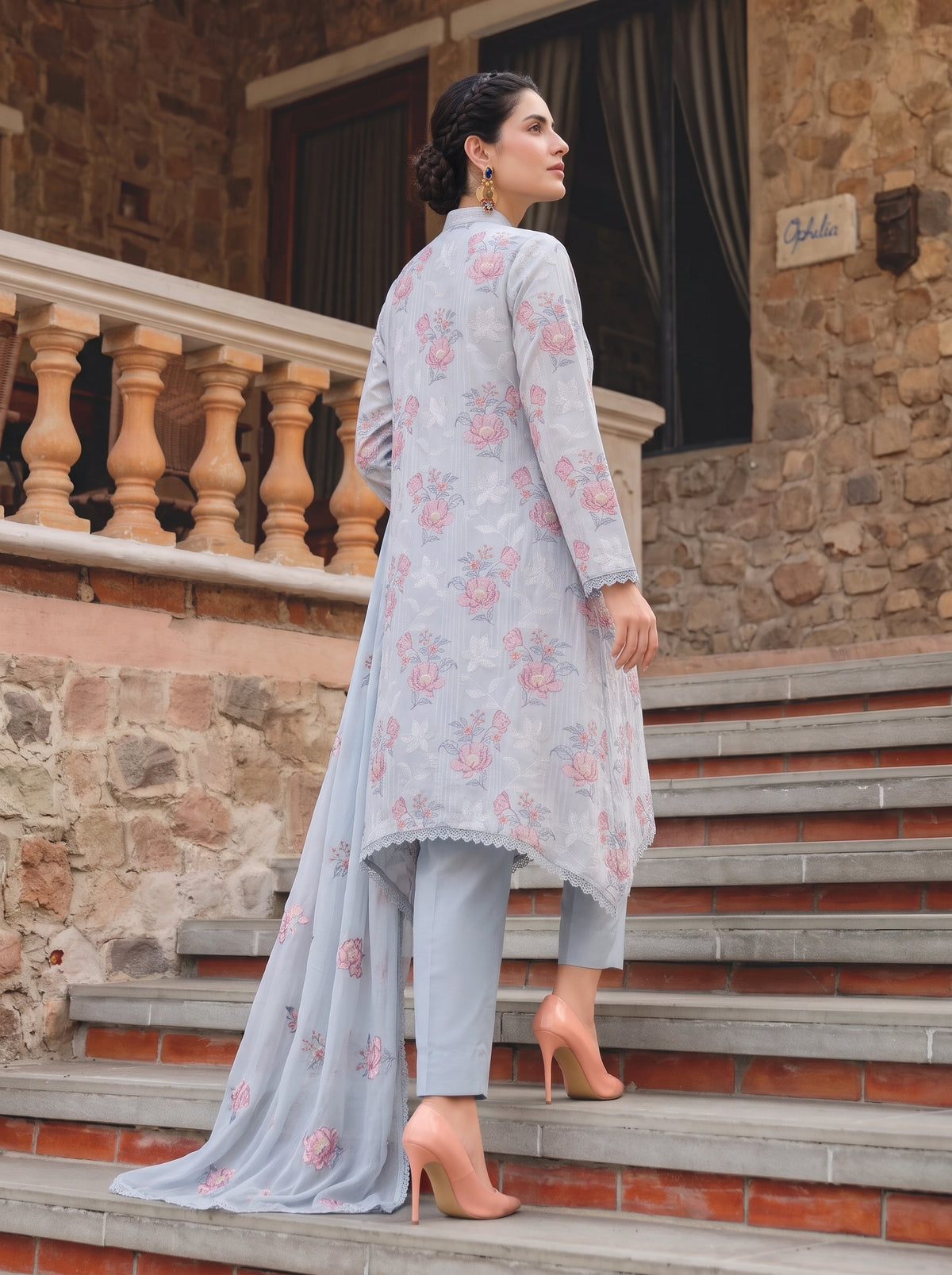 Ice-Blue Rose Embroidery Karandi