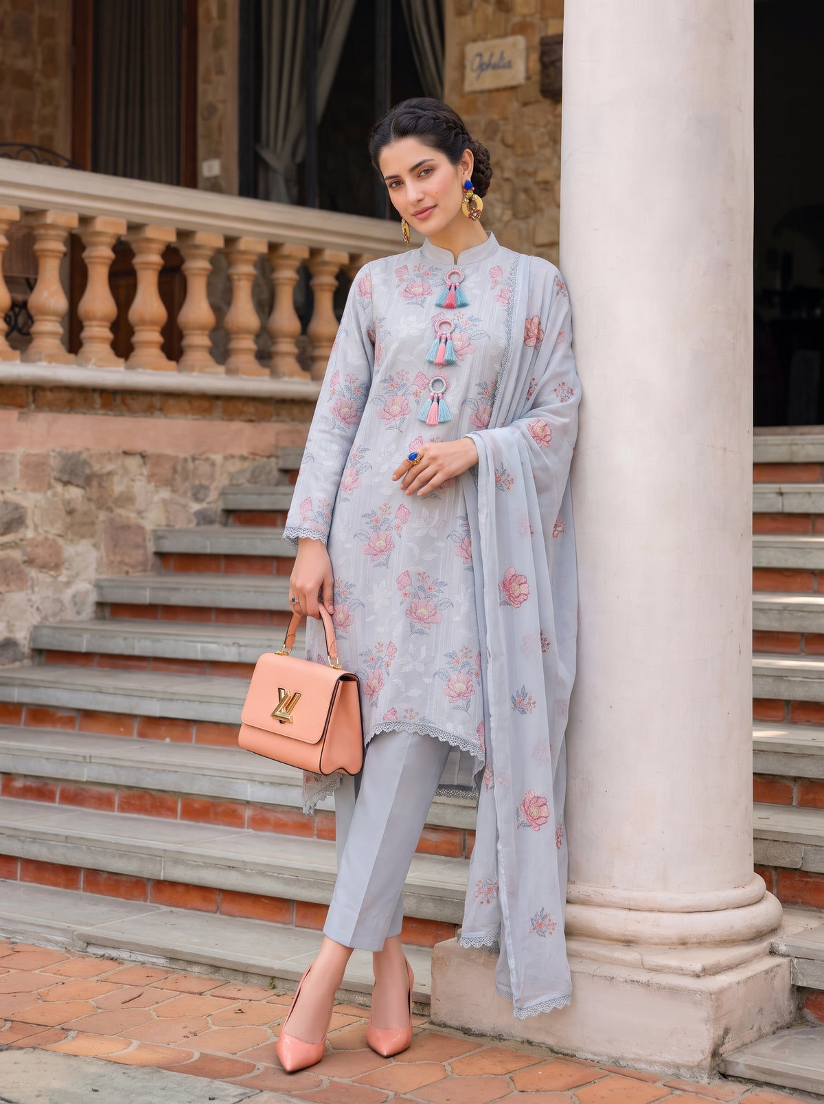 Ice-Blue Rose Embroidery Karandi