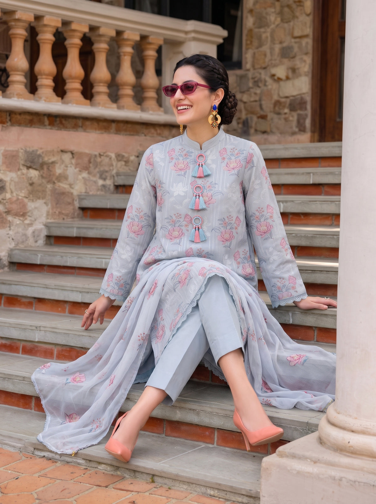 Ice-Blue Rose Embroidery Karandi