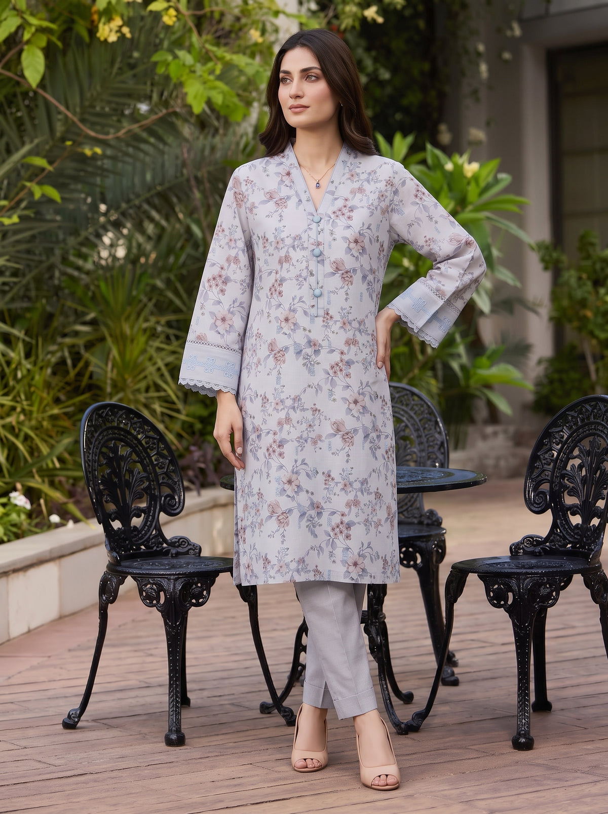 Pink Floral Grey Slub Karandi