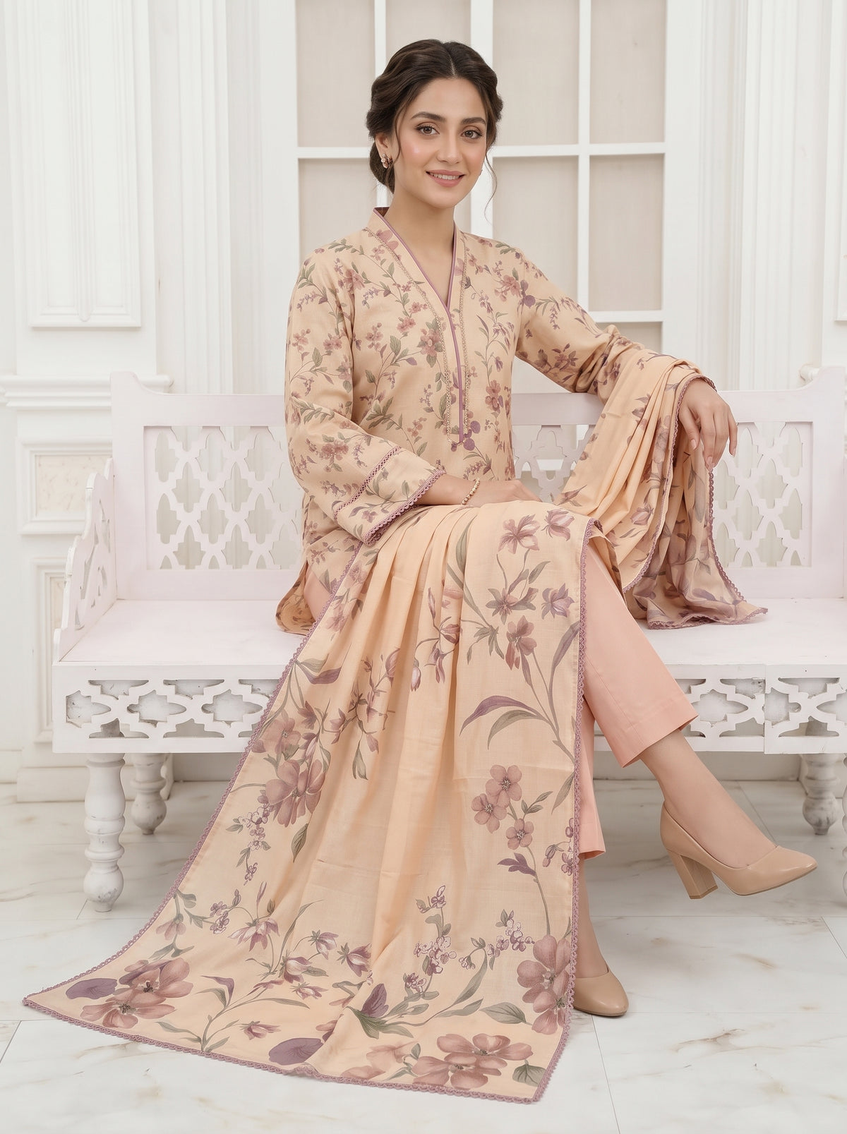 Floral Peach Slub Karandi