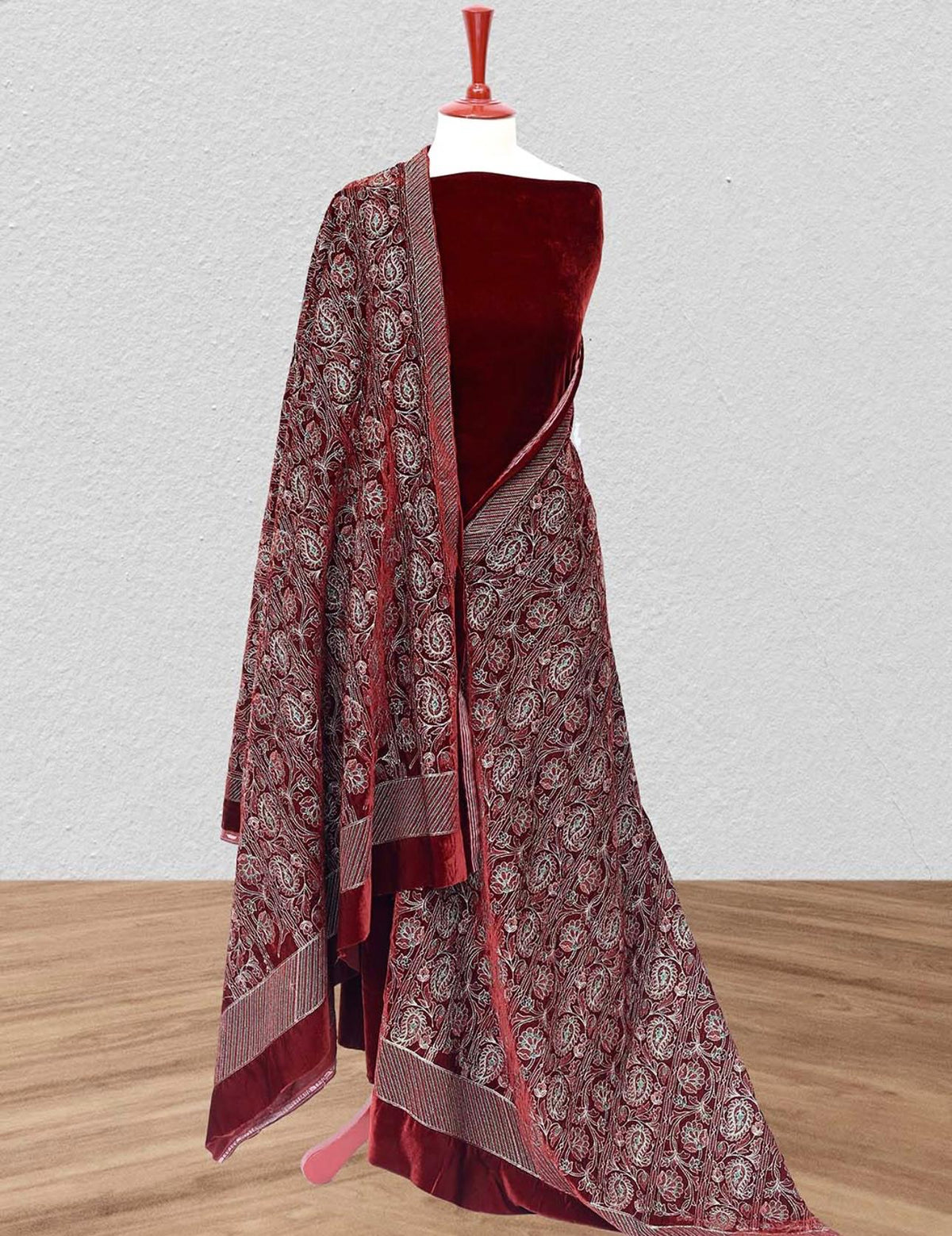 Floral Maroon Velvet Shawl