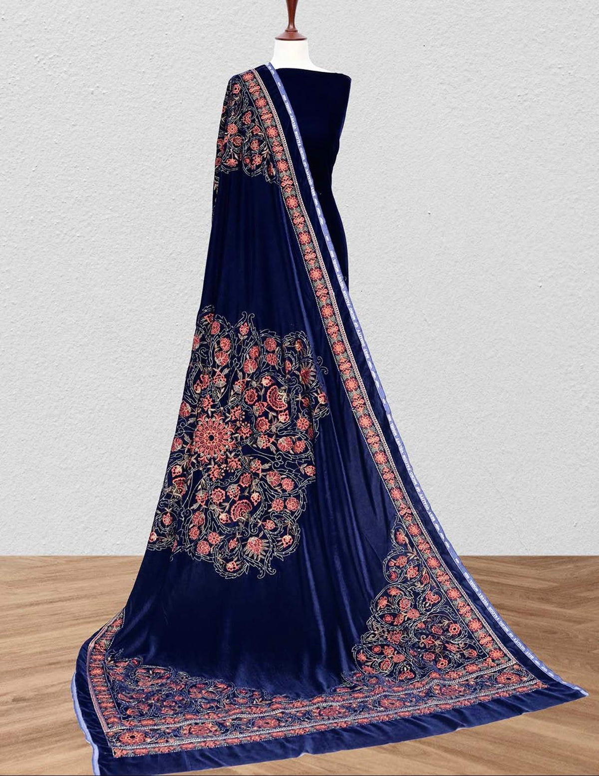 Floral Blue Velvet Shawl