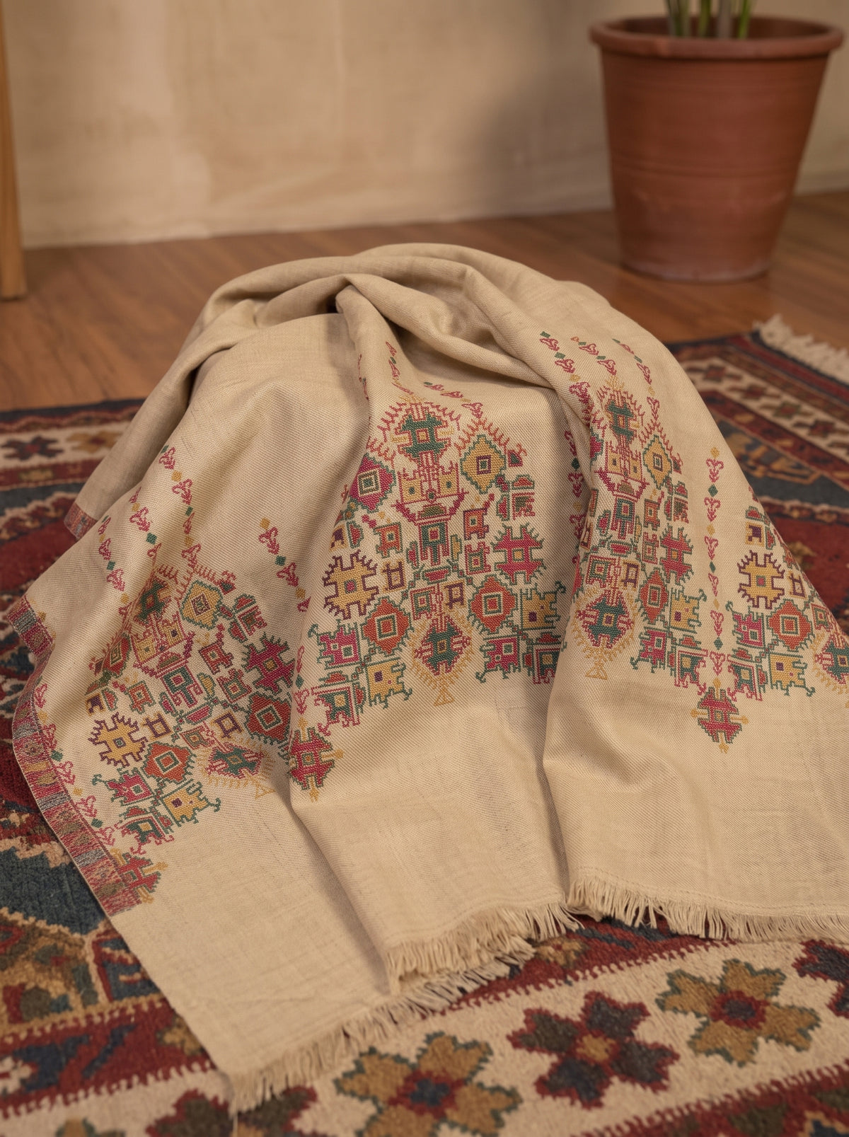 Beige Abstract Kaani Wool Shawl