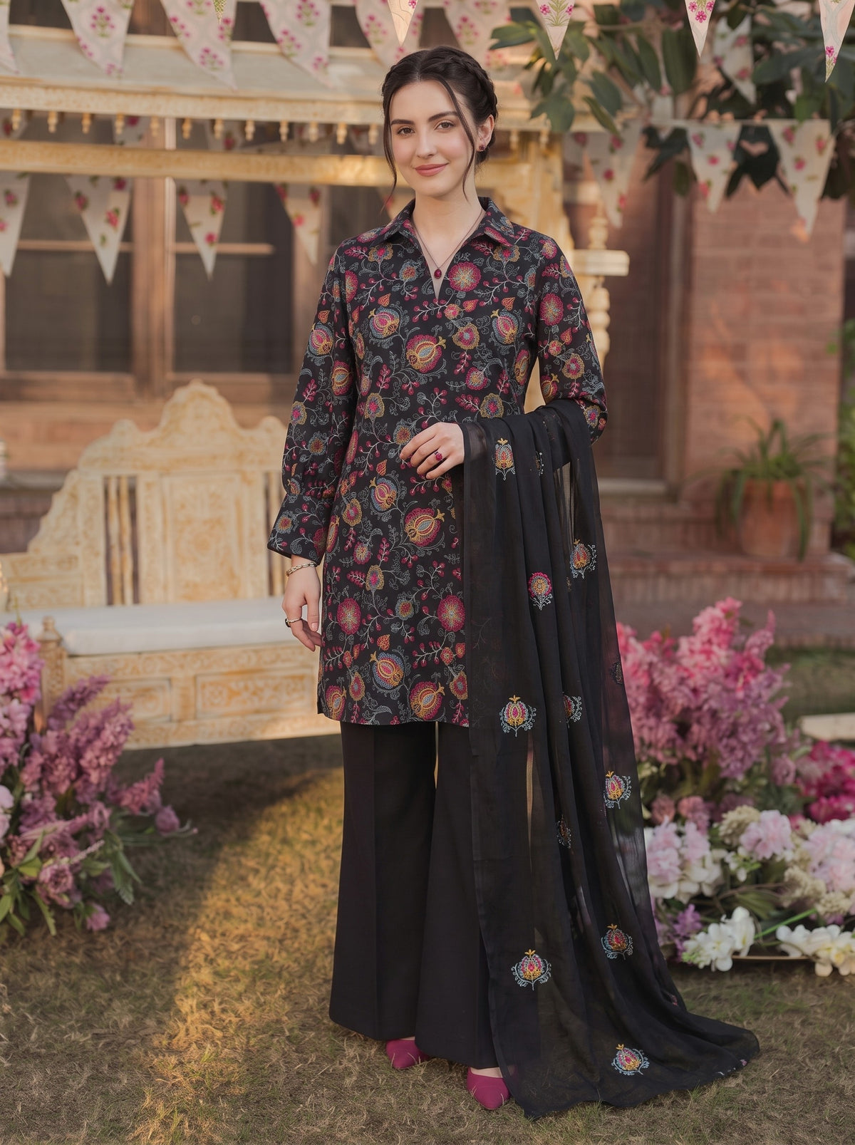 Black Vibrant Floral Karandi