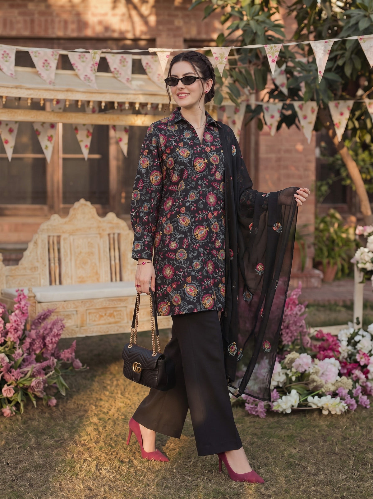 Black Vibrant Floral Karandi