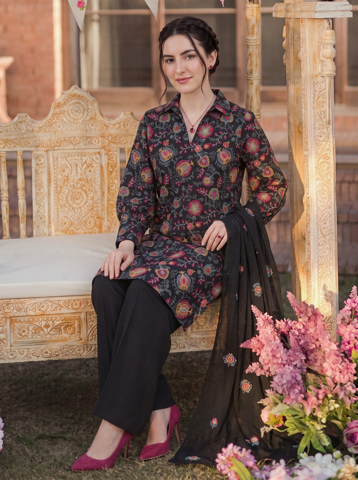 Black Vibrant Floral Karandi