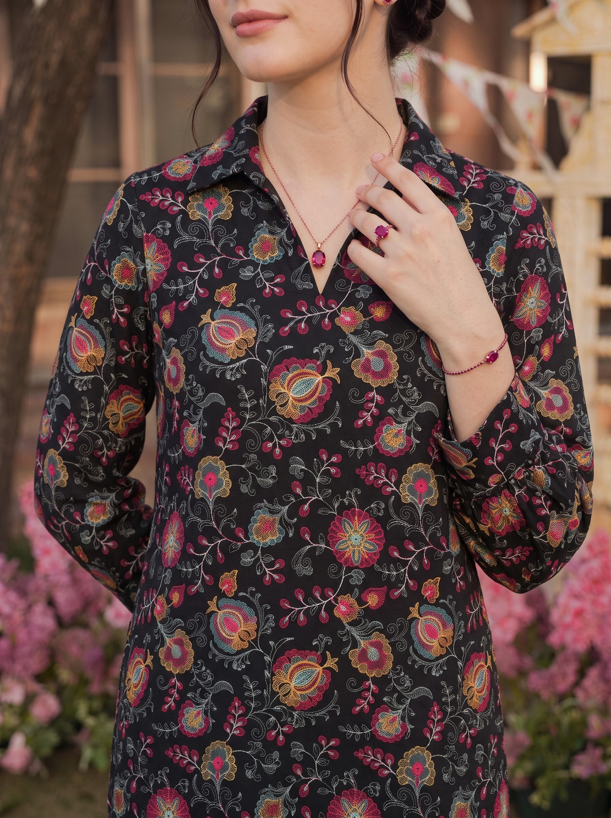 Black Vibrant Floral Karandi