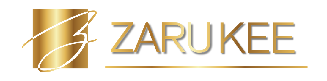 A gold metallic logo featuring a stylized script 'Z' inside a square on the left, followed by the word 'ZARUKEE' in large gold letters and a horizontal gold line underneath, set against a solid black background.