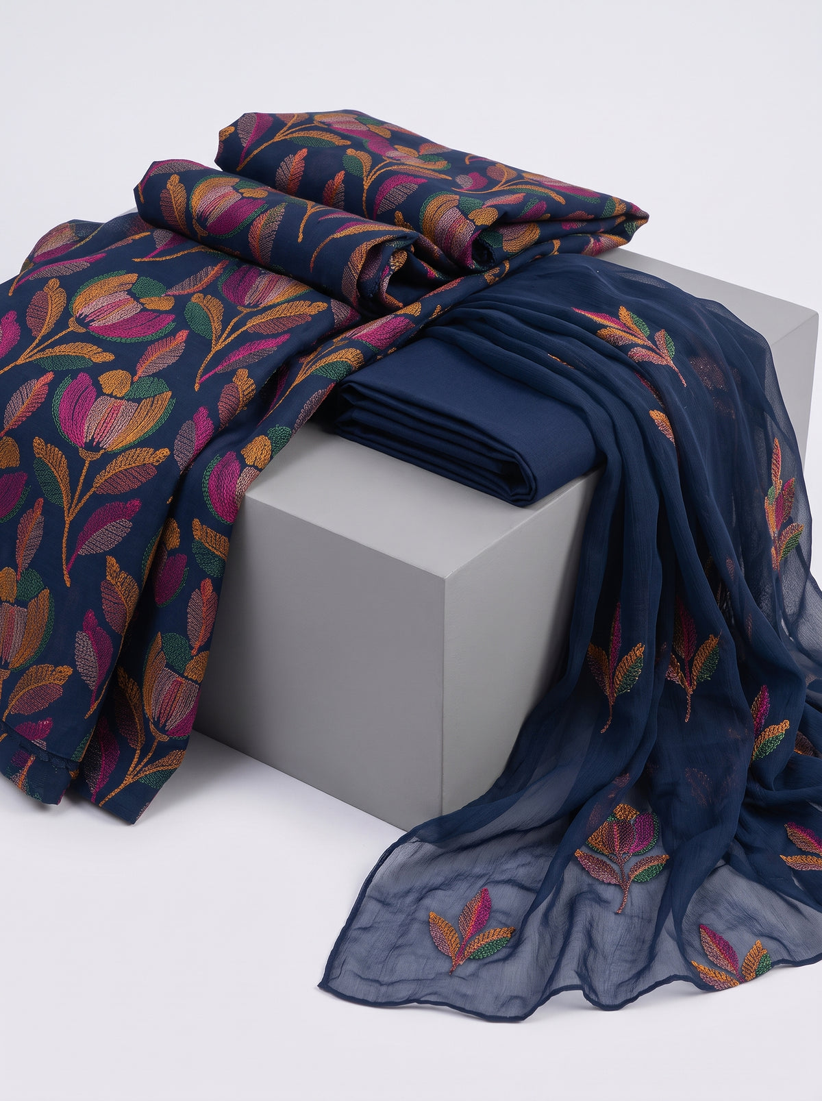 Navy Blue Floral Karandi - Unstitched