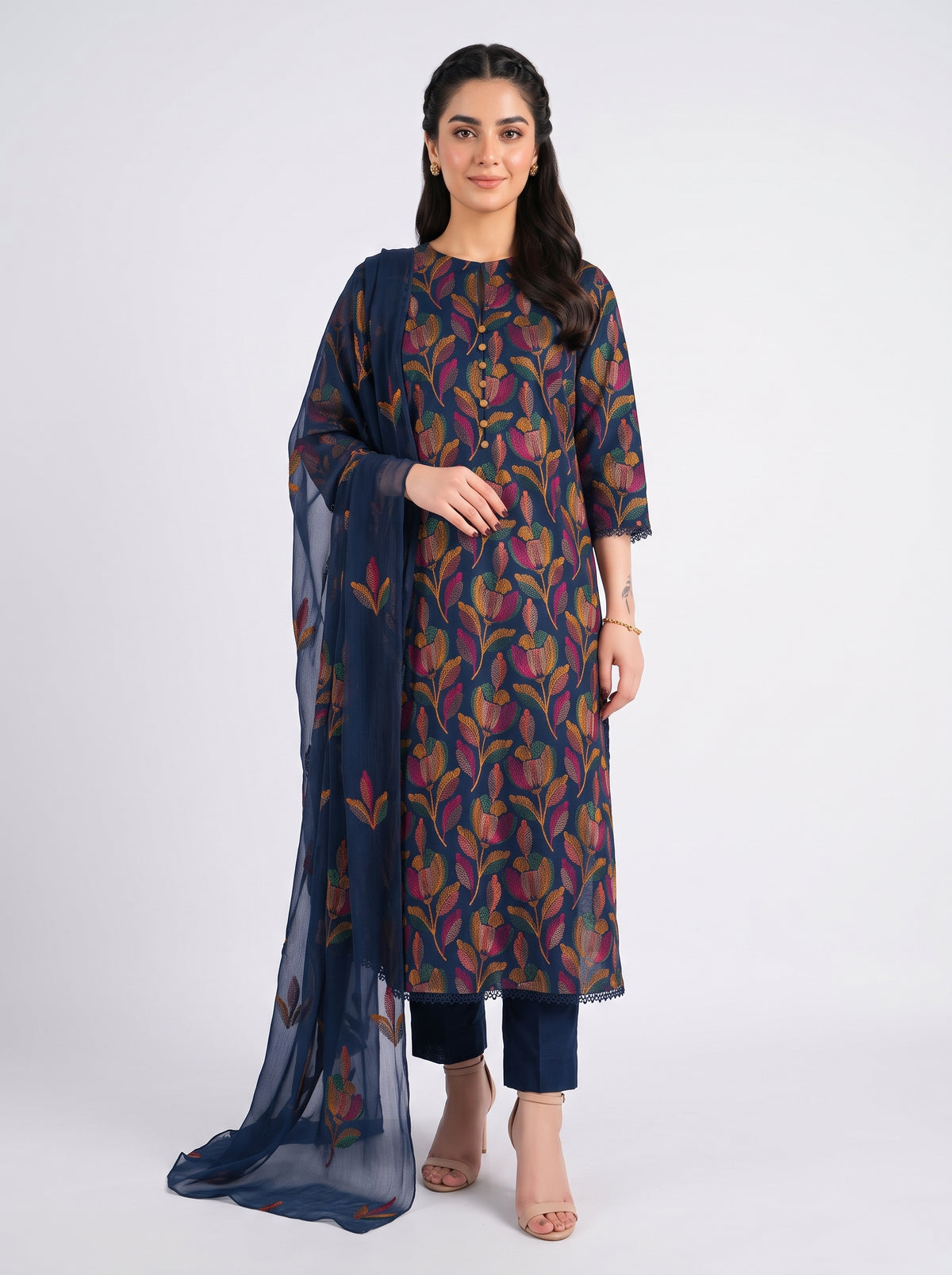 Navy Blue Floral Karandi - Unstitched