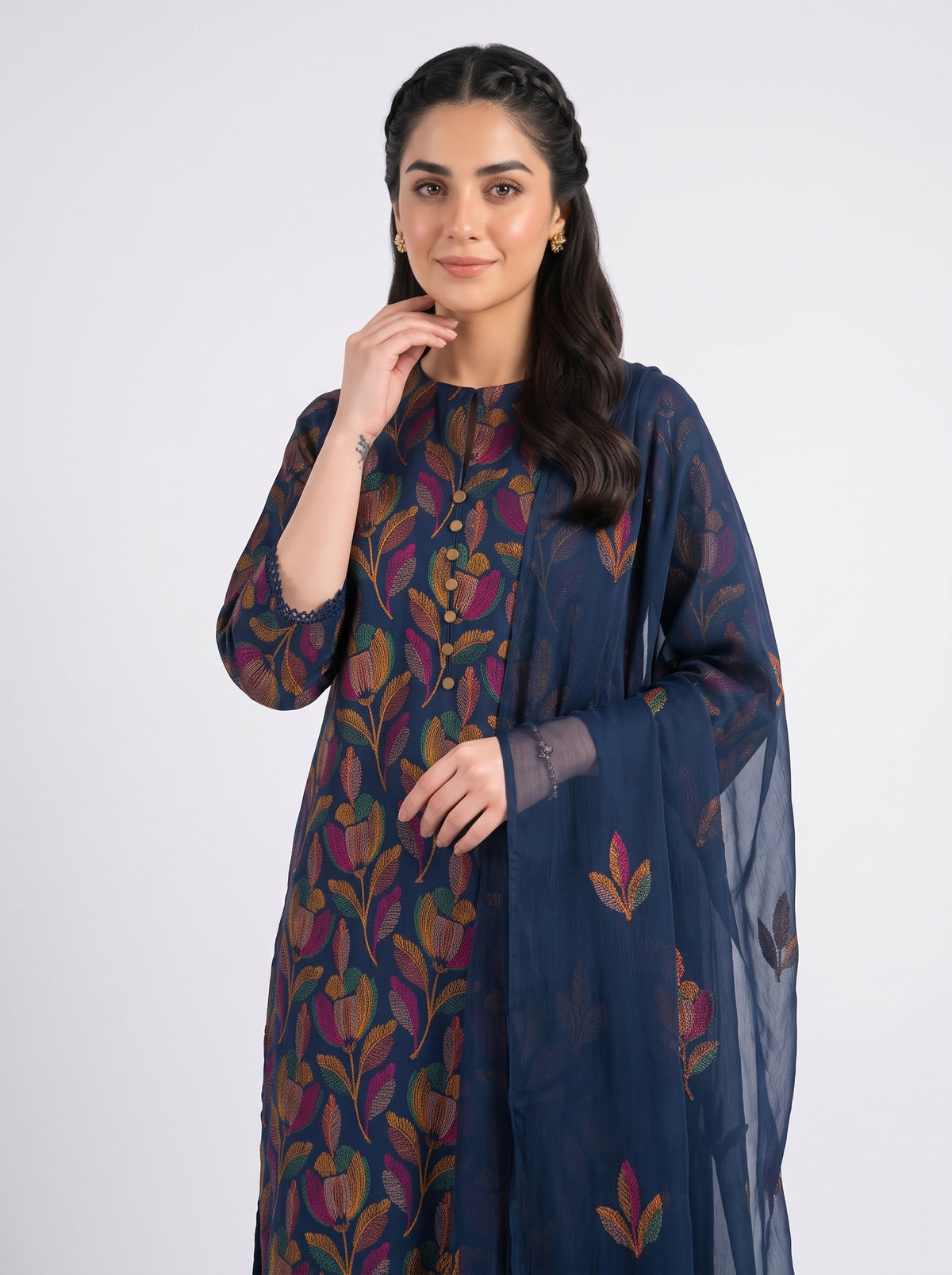 Navy Blue Floral Karandi - Unstitched