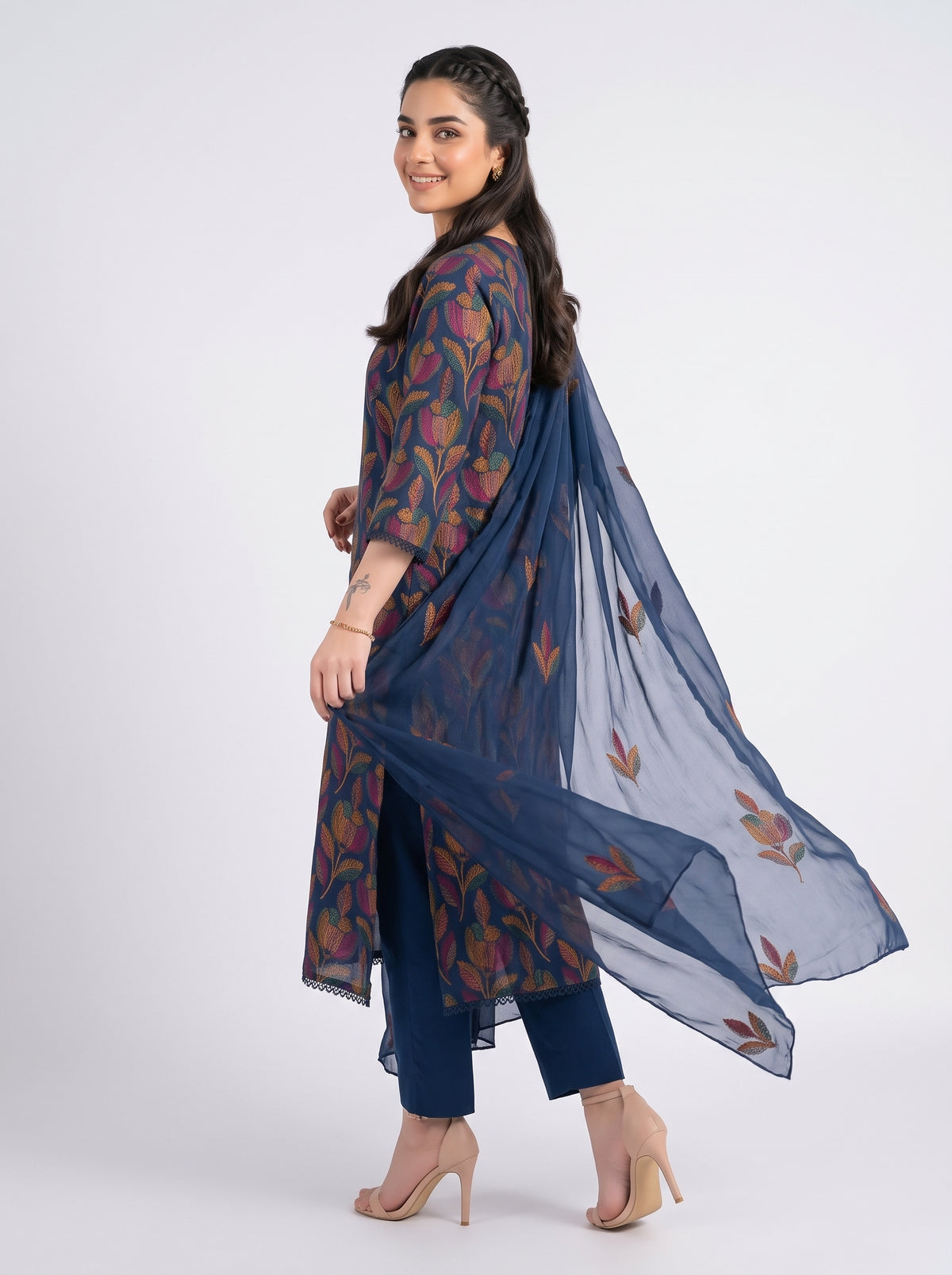 Navy Blue Floral Karandi - Unstitched