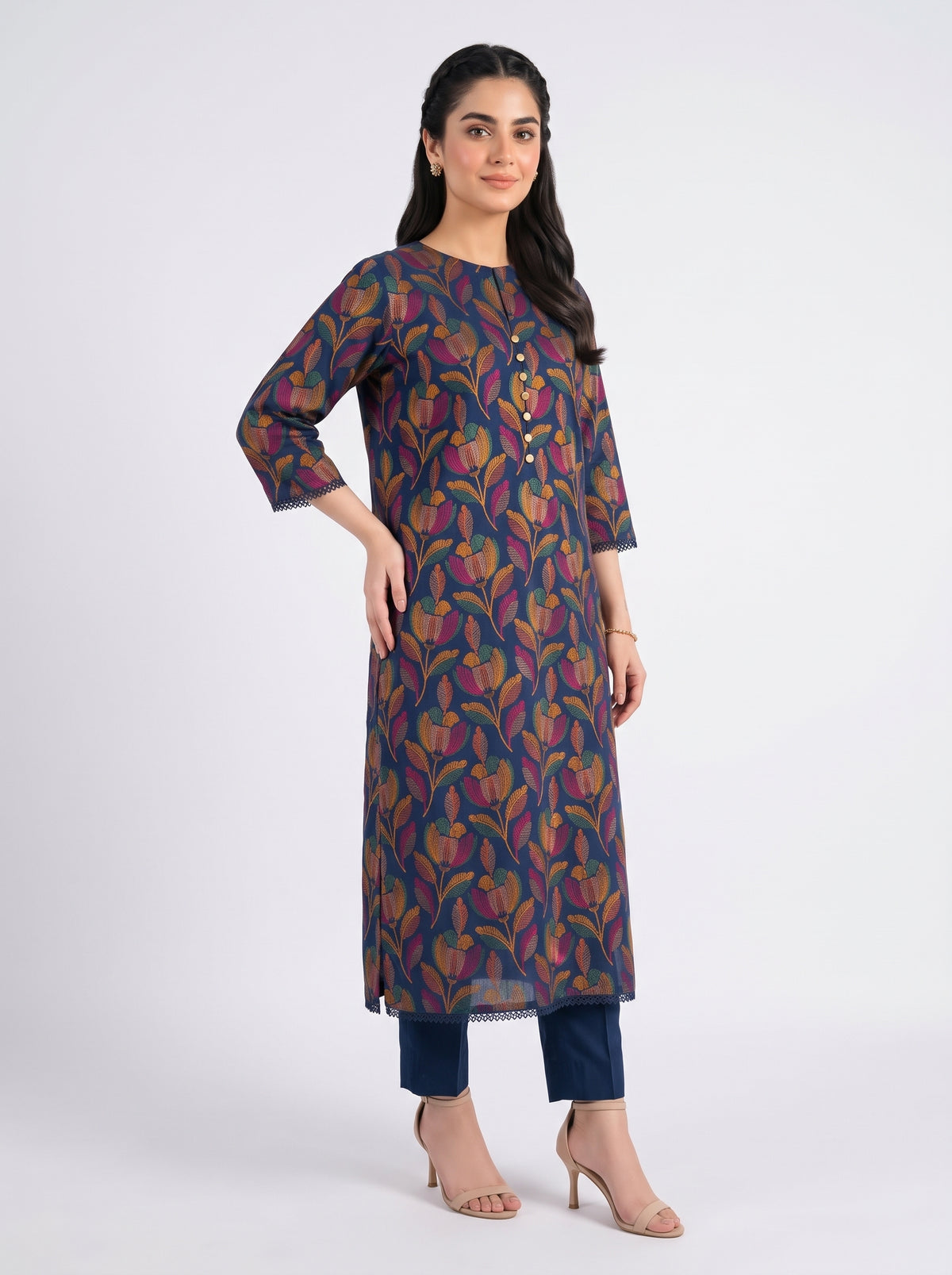Navy Blue Floral Karandi - Unstitched