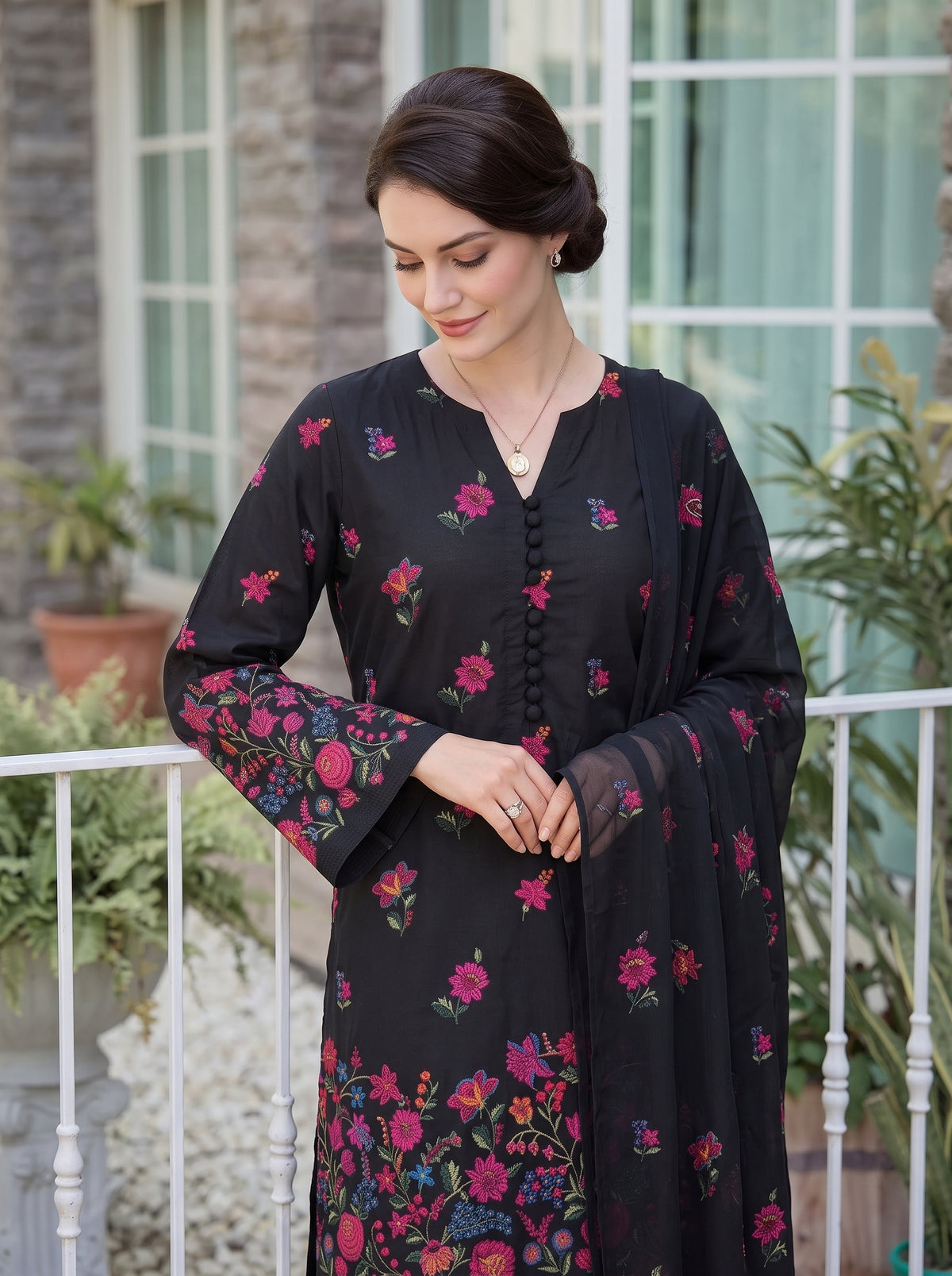 Floral Garden Black Karandi