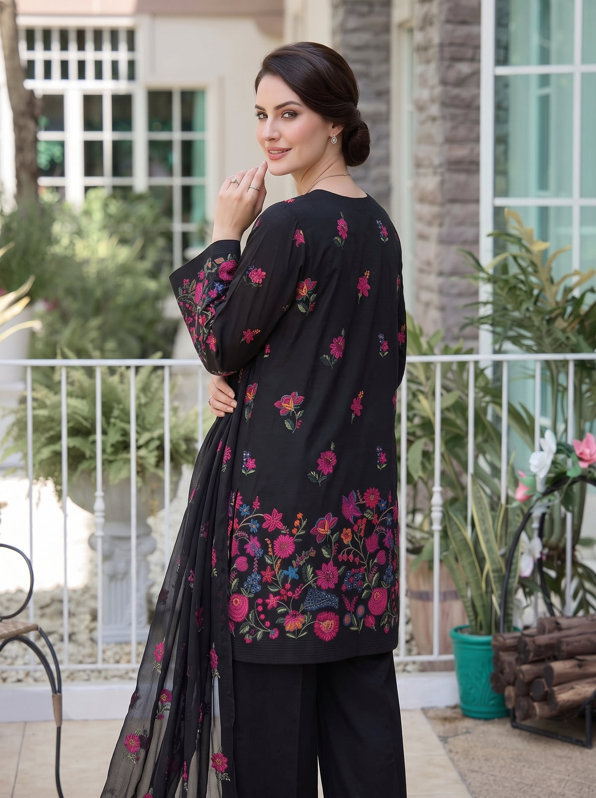 Floral Garden Black Karandi
