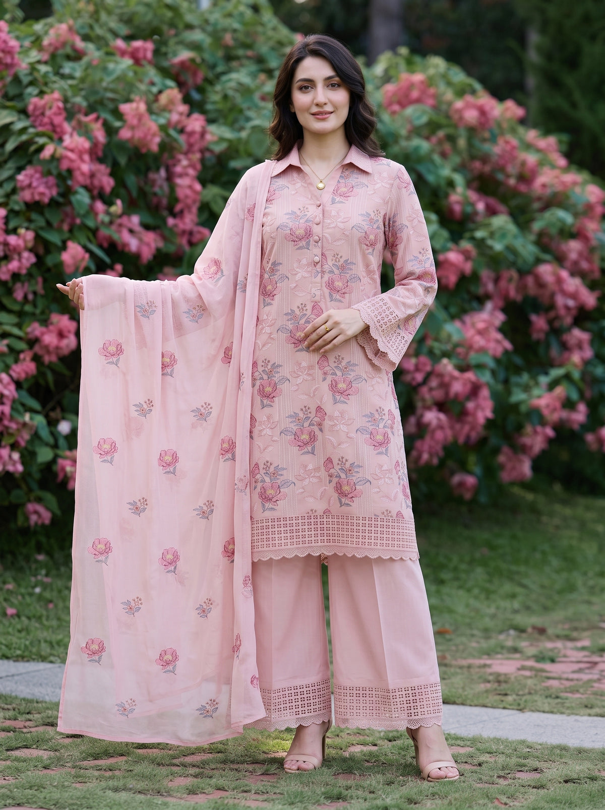 Baby Pink Rose Embroidered Karandi