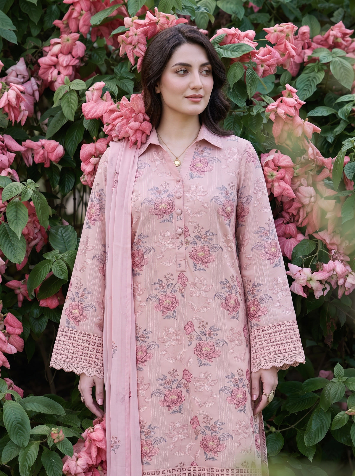 Baby Pink Rose Embroidered Karandi