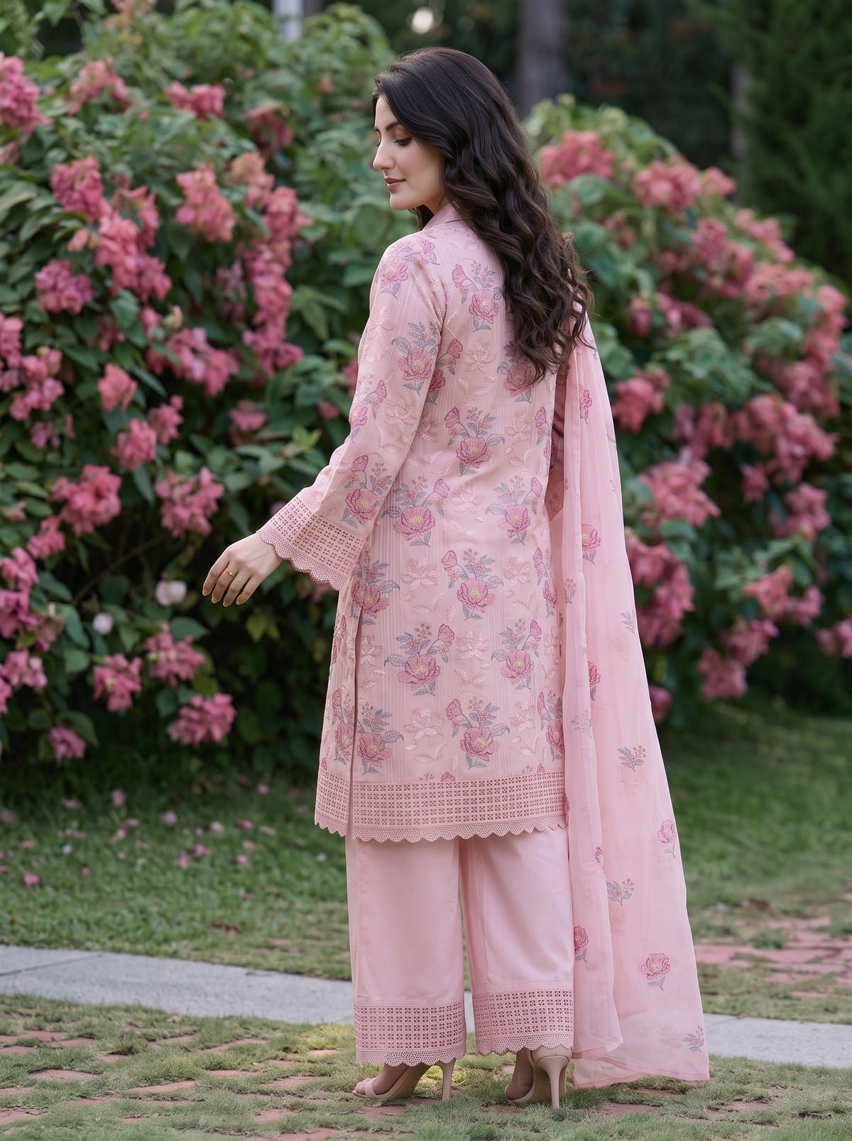 Baby Pink Rose Embroidered Karandi