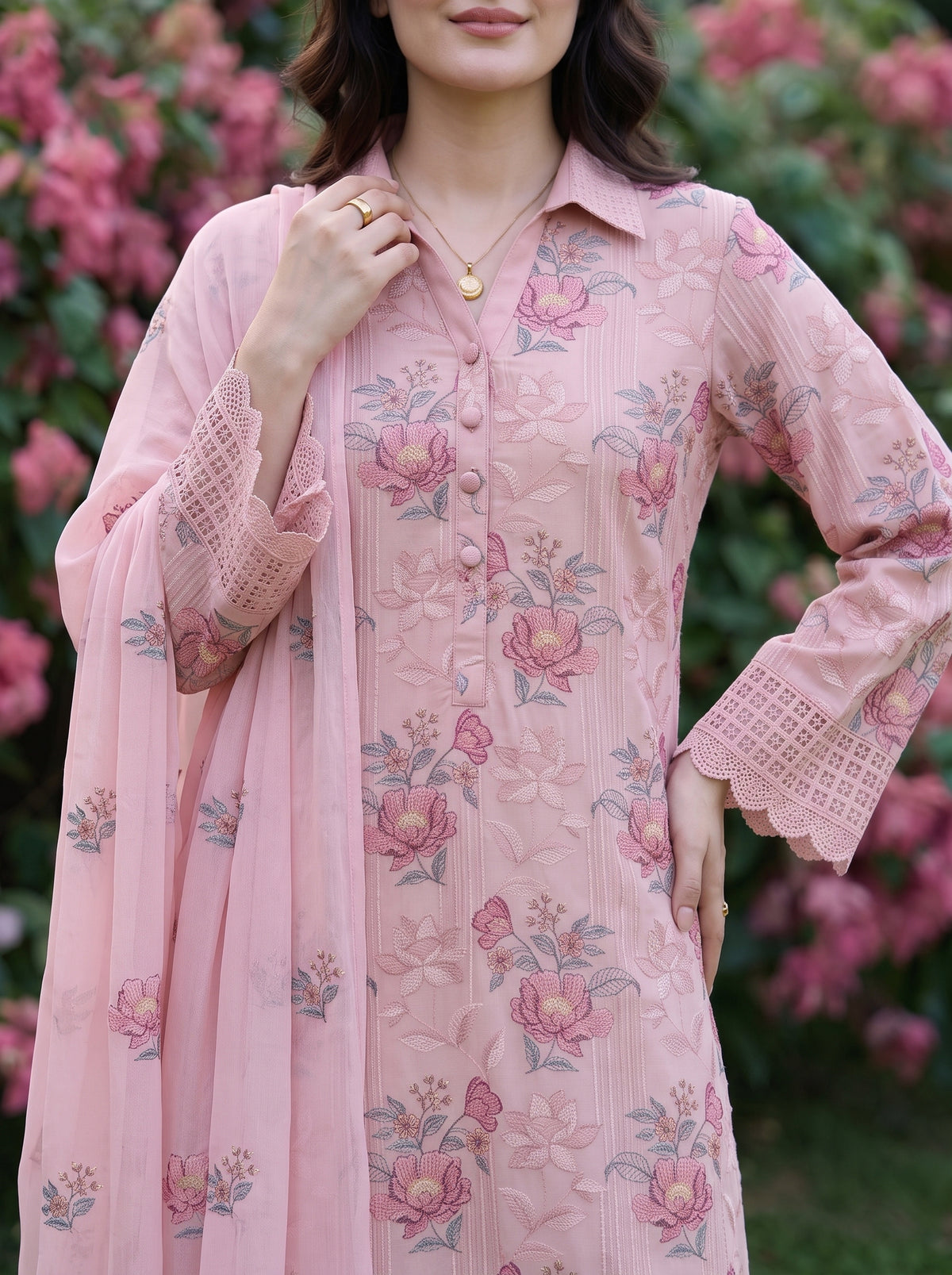 Baby Pink Rose Embroidered Karandi