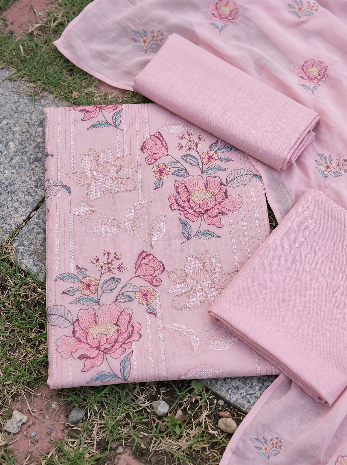 Baby Pink Rose Embroidered Karandi