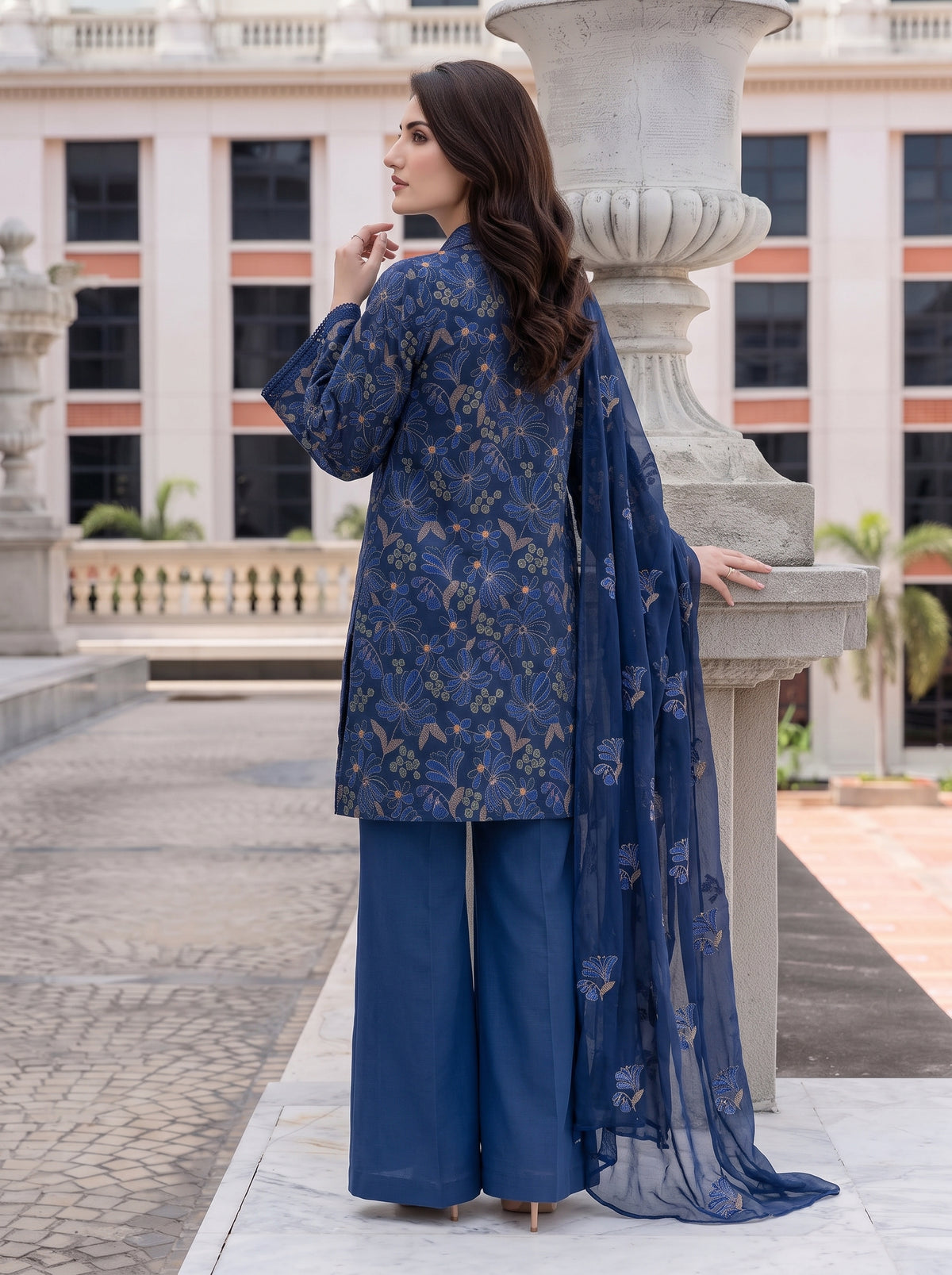Flowery Navy Blue Karandi