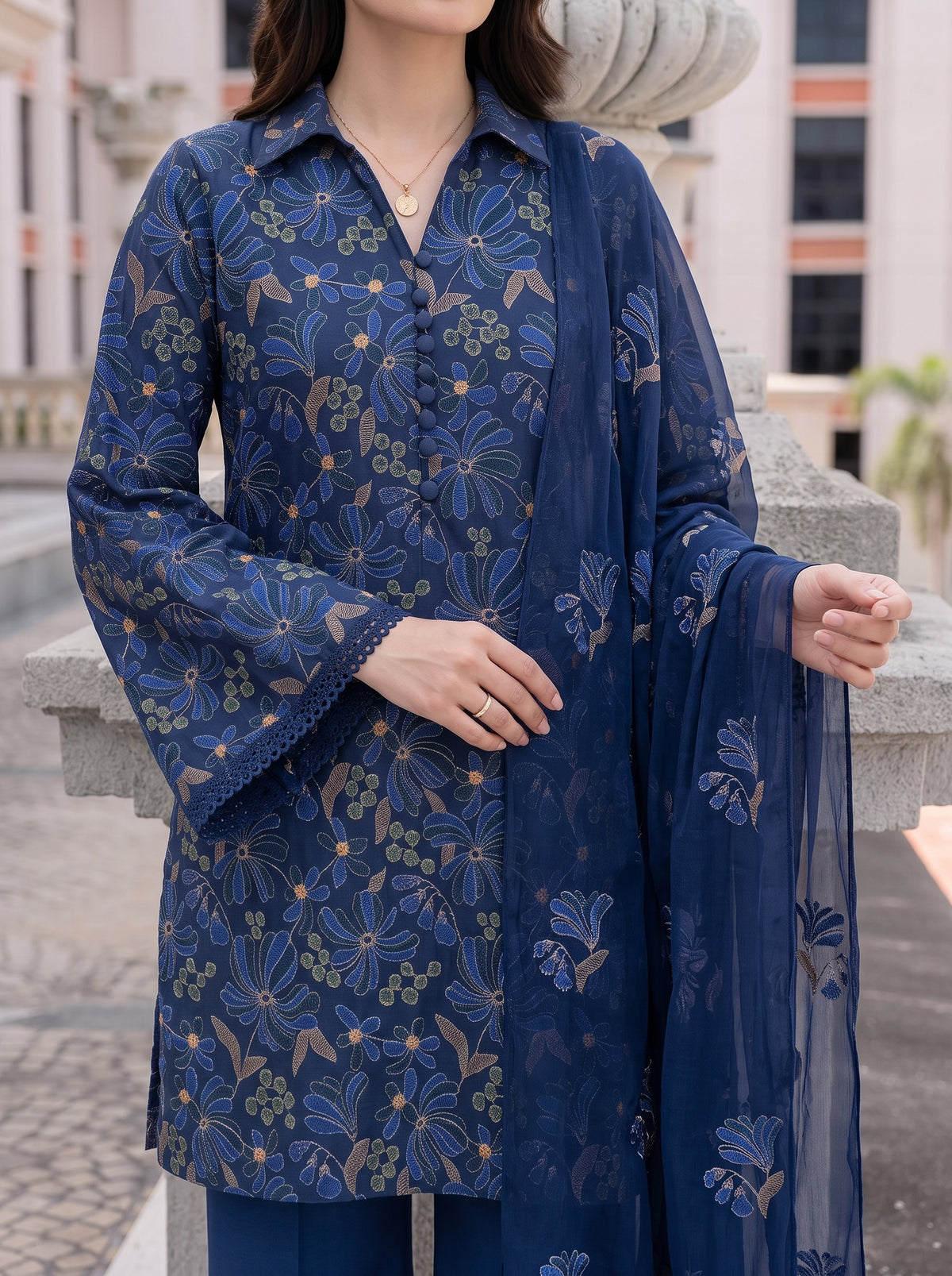 Flowery Navy Blue Karandi