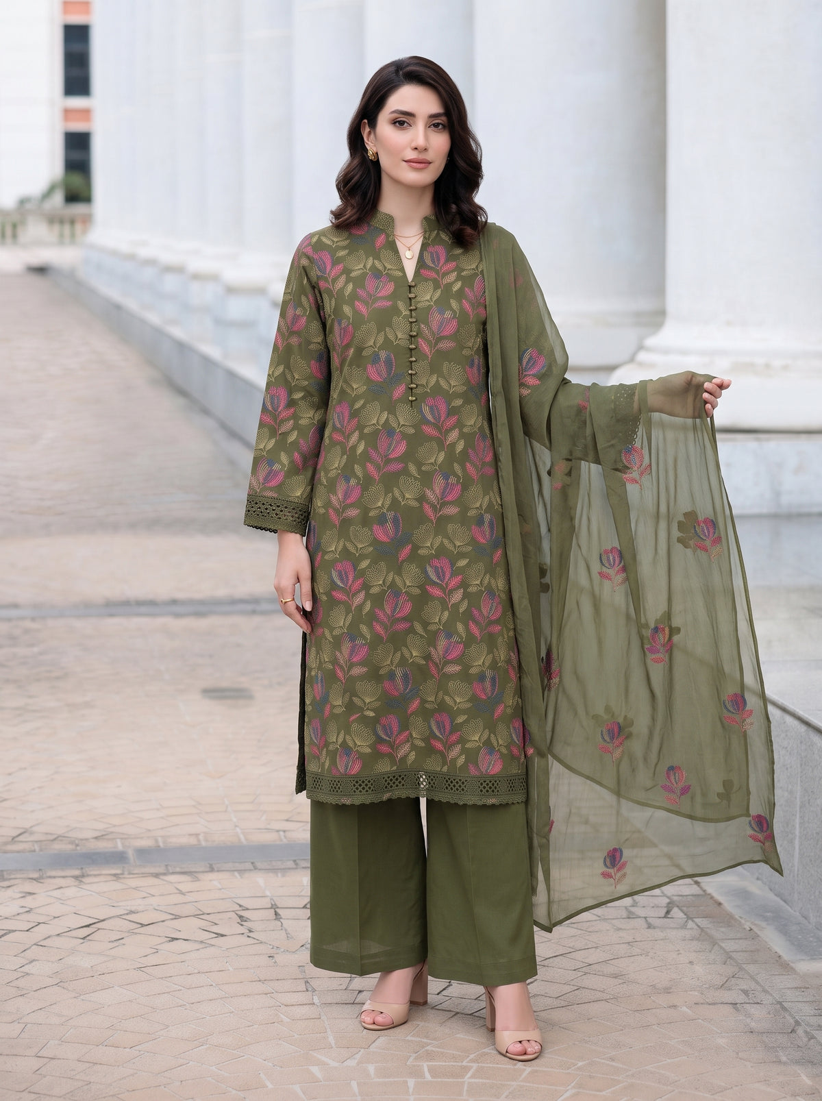Dark Olive Floral Karandi - Unstitched