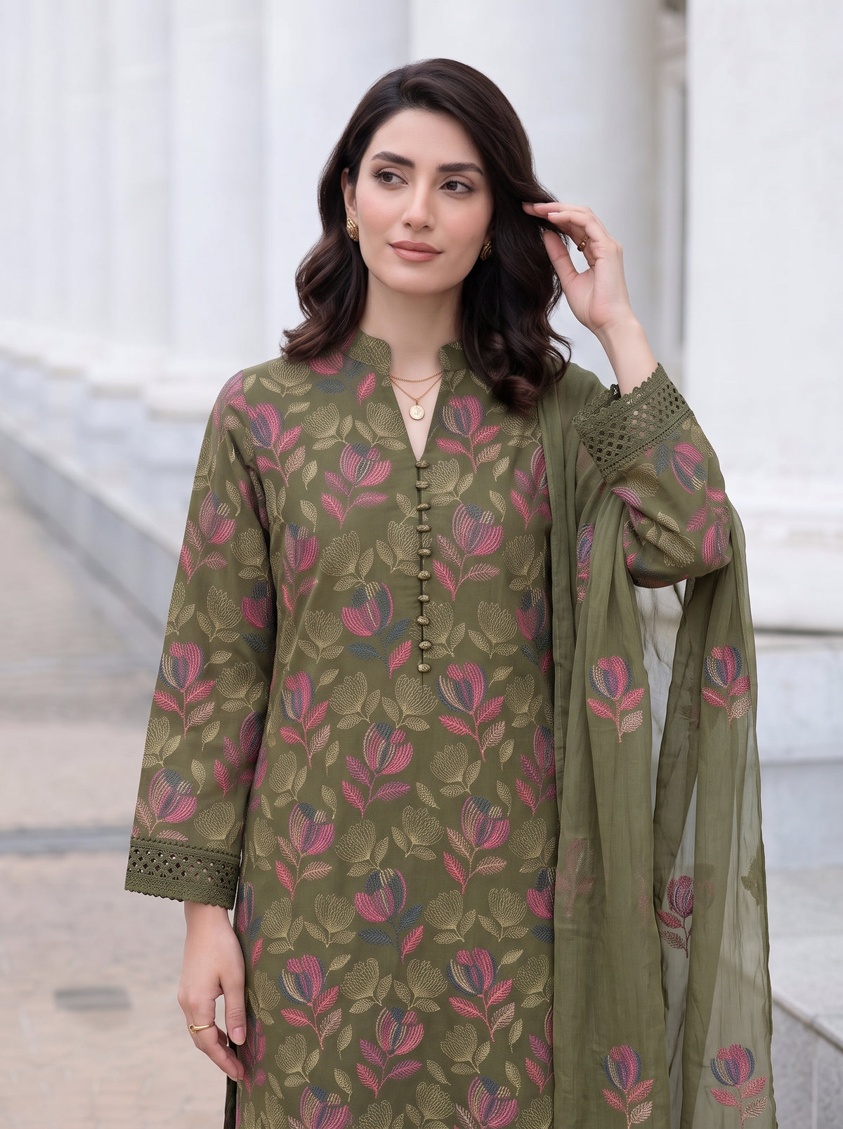 Dark Olive Floral Karandi - Unstitched