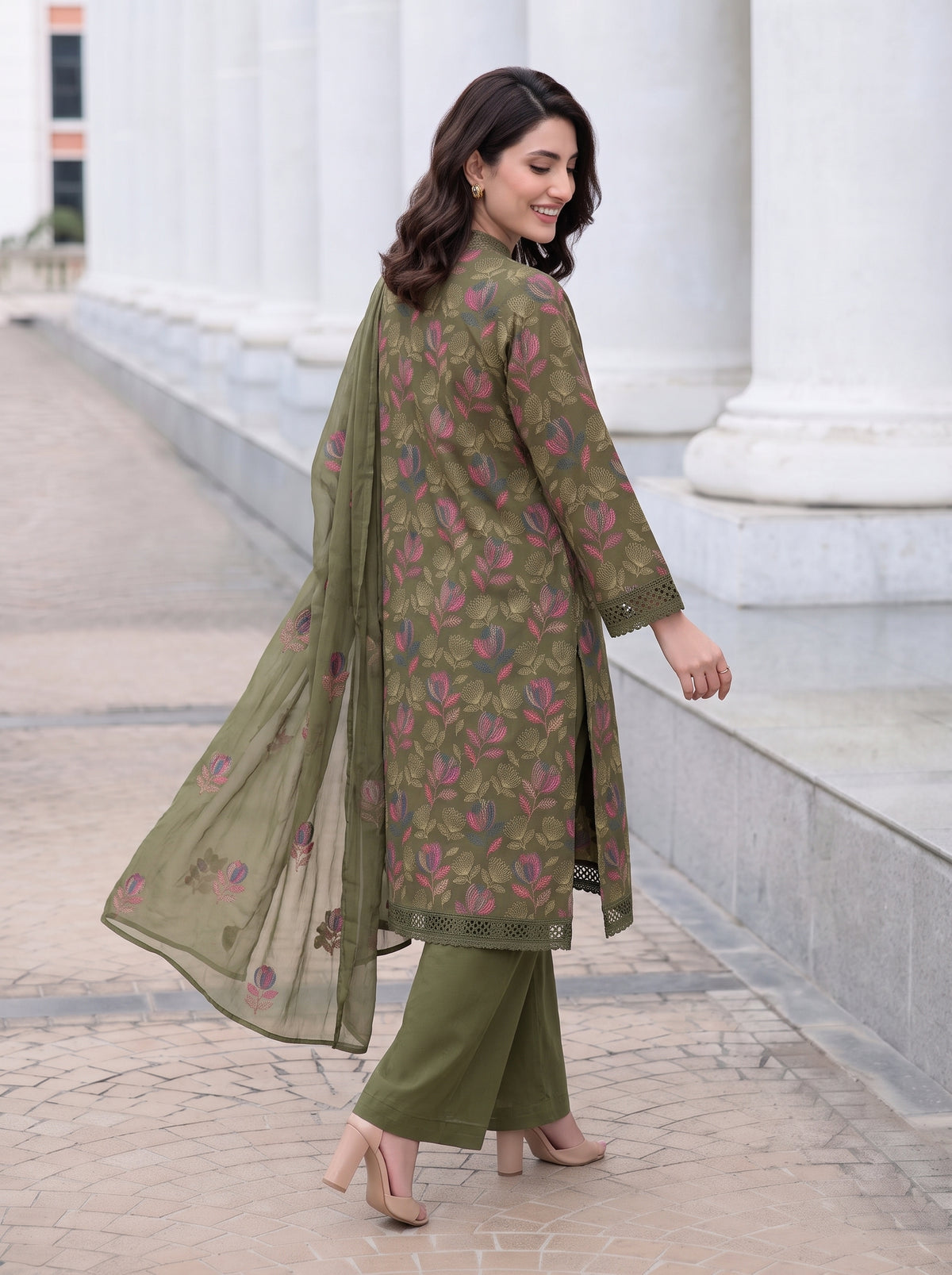 Dark Olive Floral Karandi - Unstitched