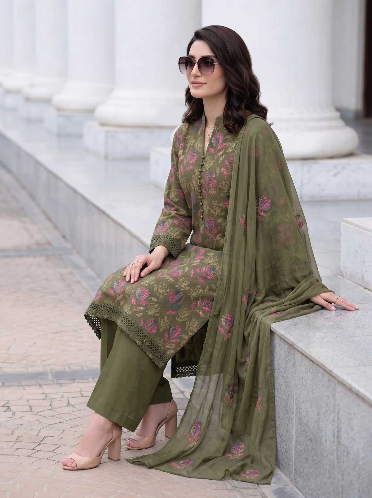 Dark Olive Floral Karandi - Unstitched