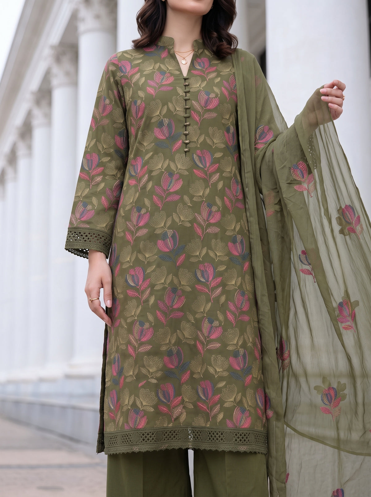 Dark Olive Floral Karandi - Unstitched