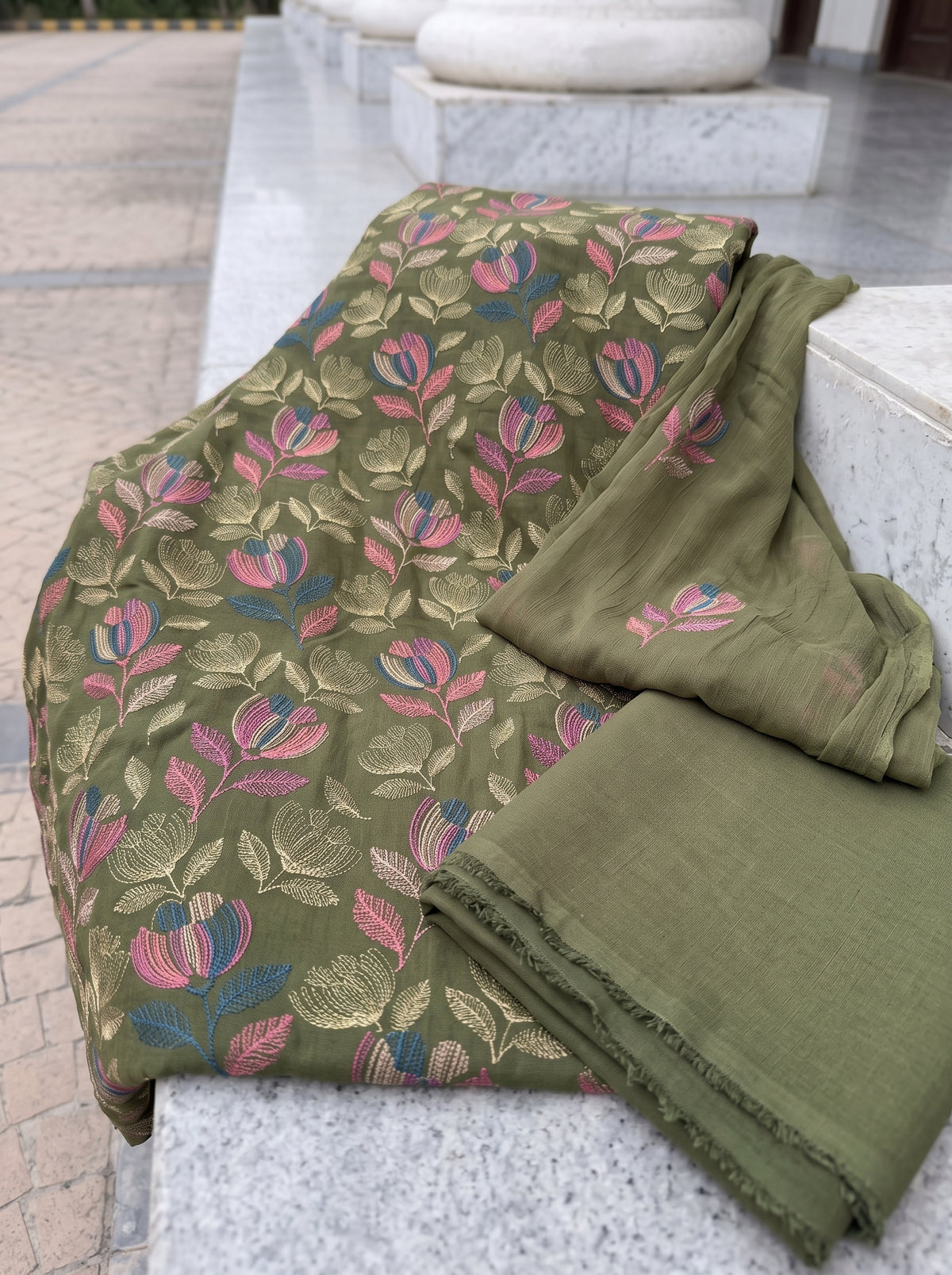 Dark Olive Floral Karandi - Unstitched