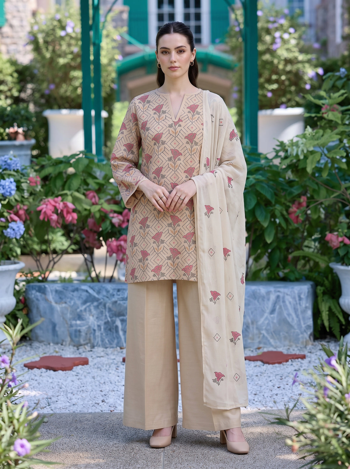 Beige Cross Stitch Floral Karandi