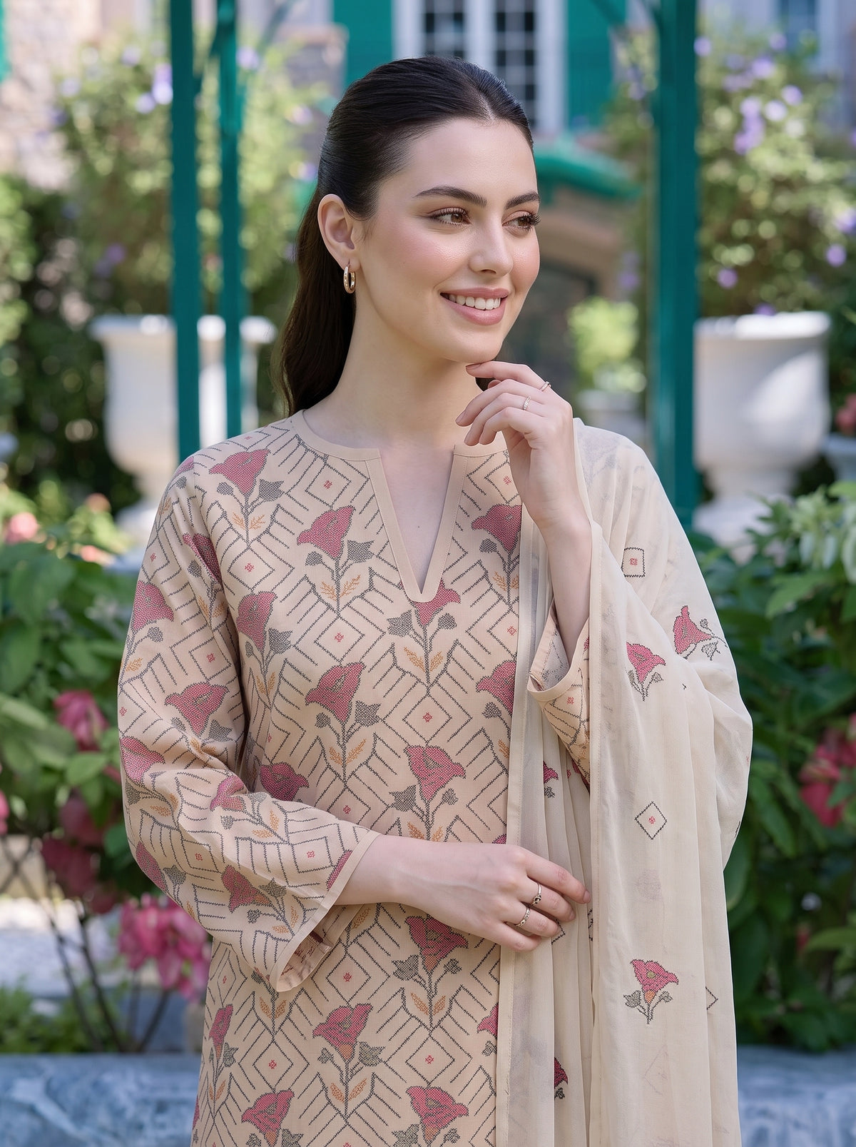 Beige Cross Stitch Floral Karandi