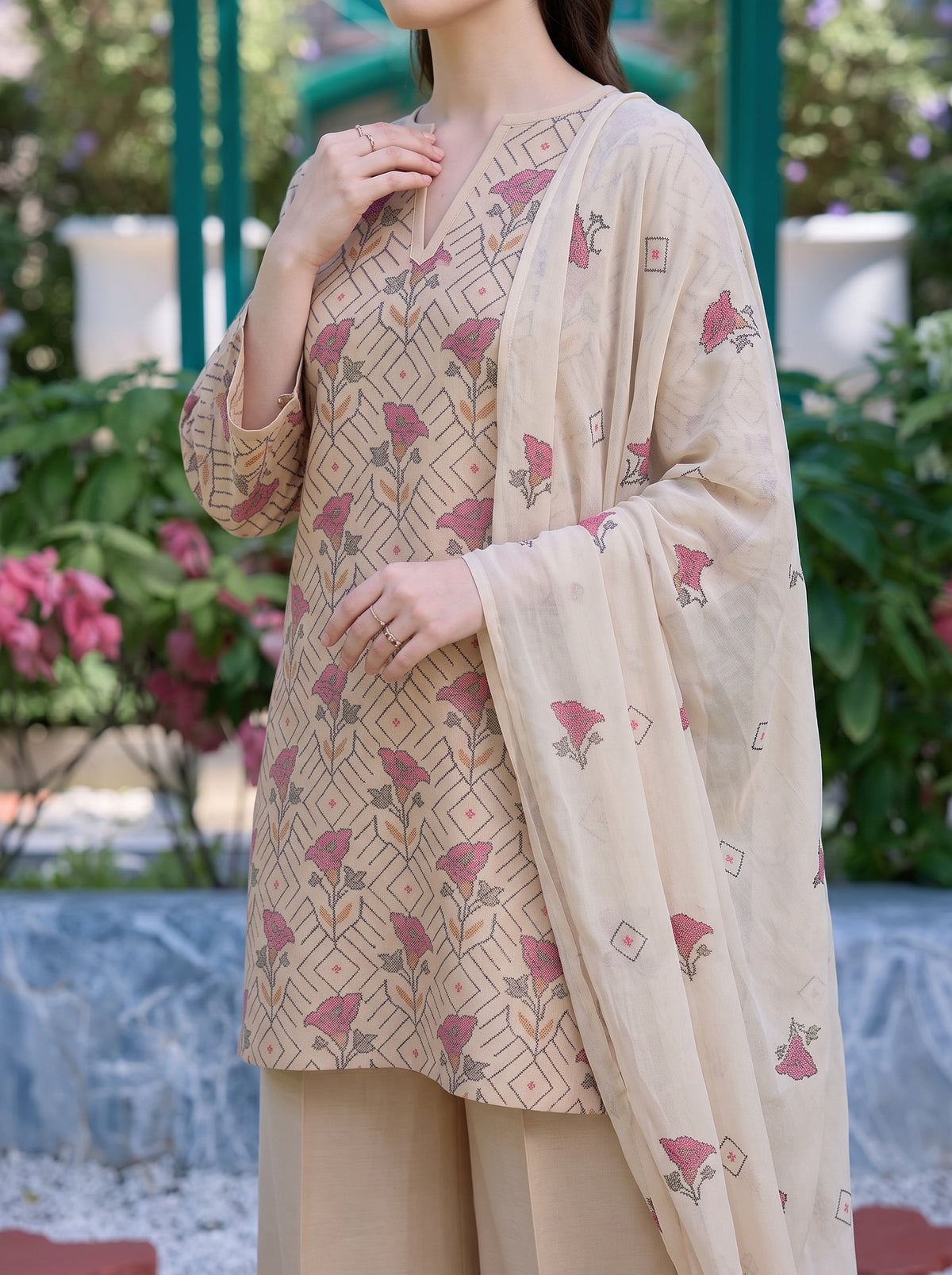 Beige Cross Stitch Floral Karandi