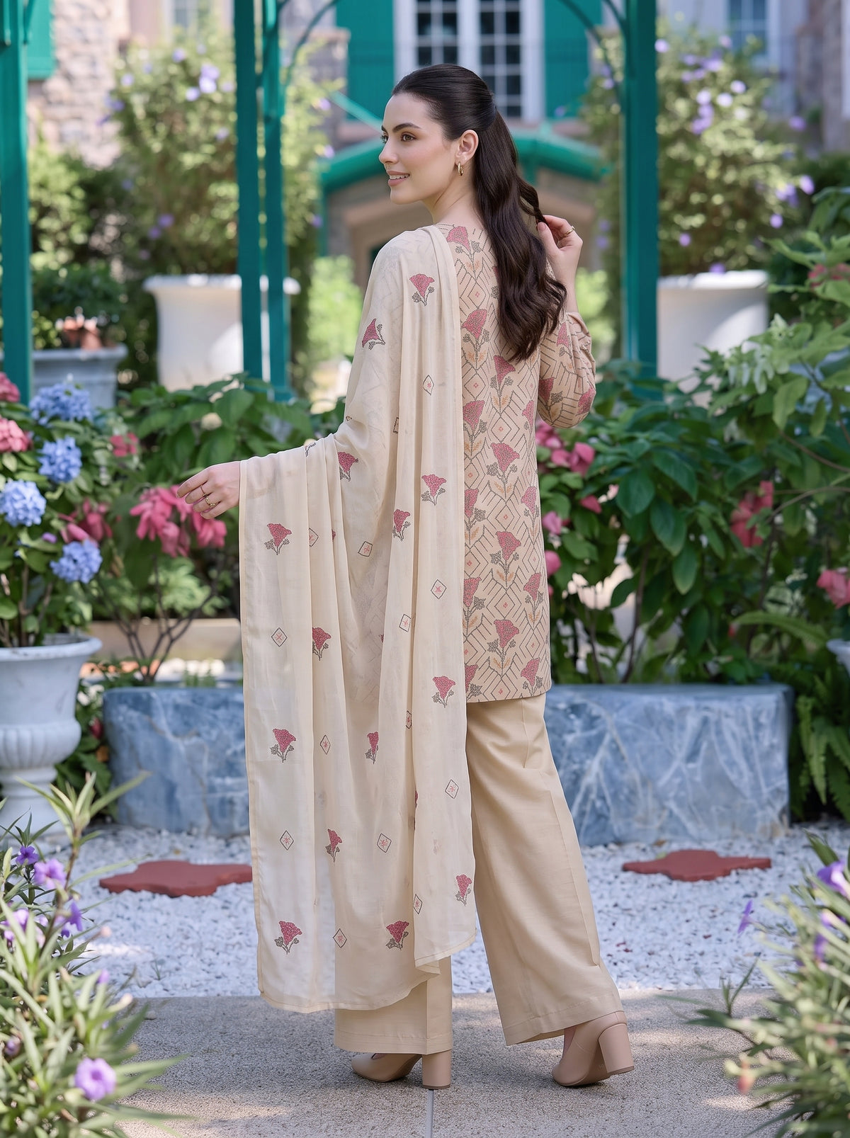 Beige Cross Stitch Floral Karandi