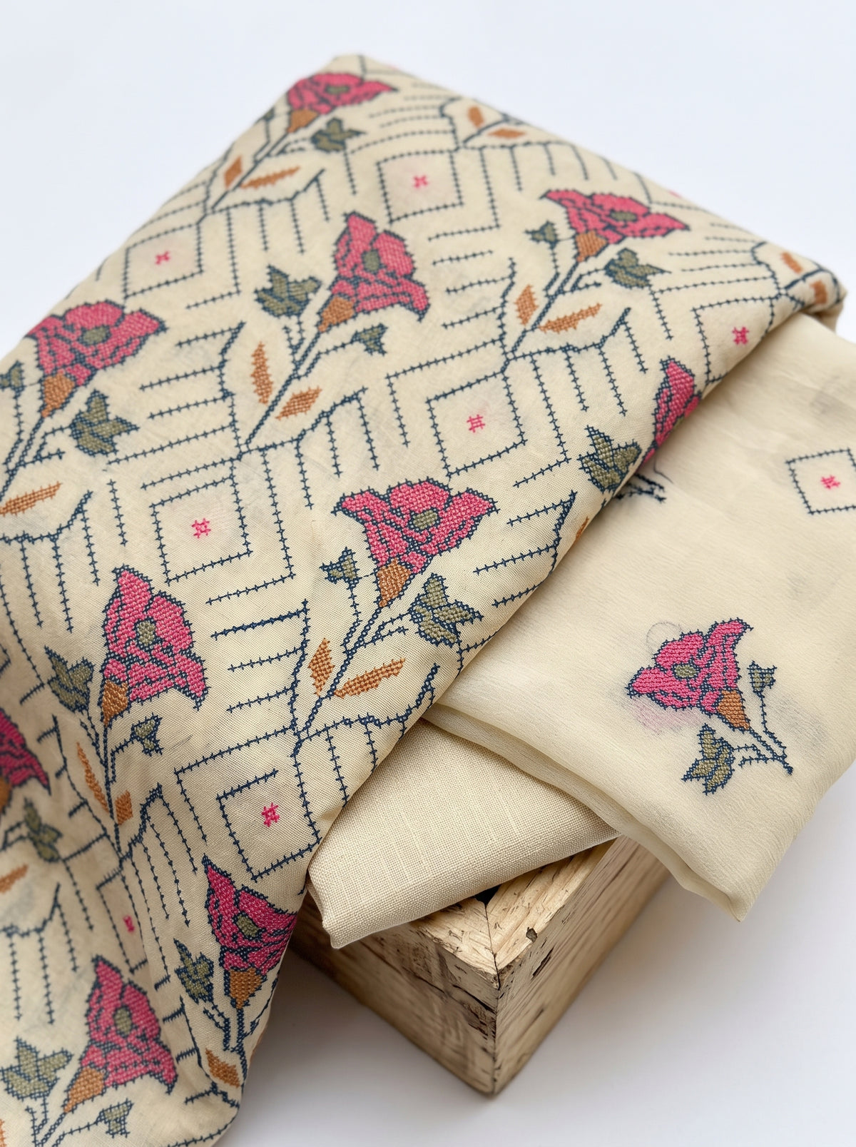 Beige Cross Stitch Floral Karandi