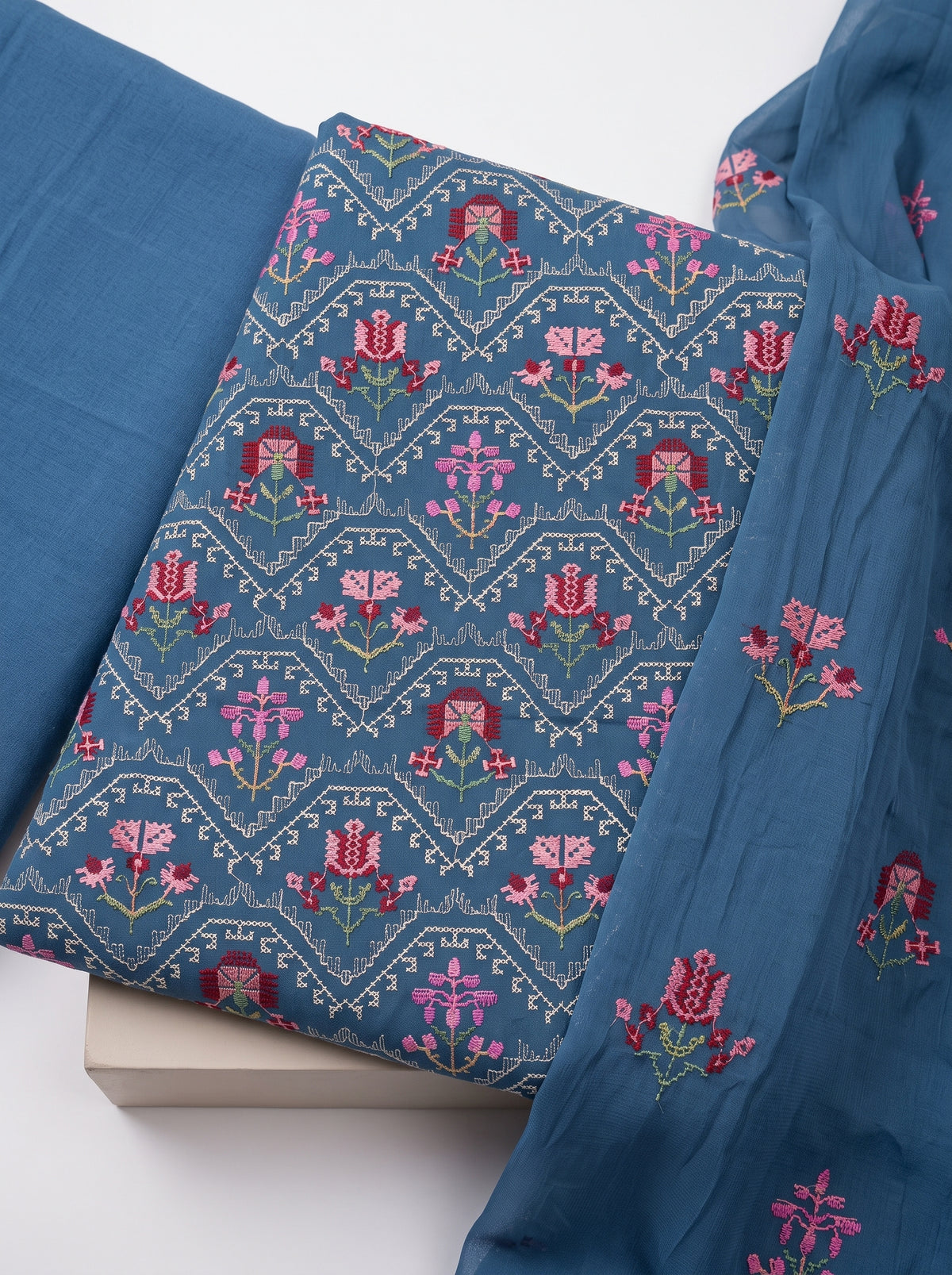 Teal Blue Floral Karandi