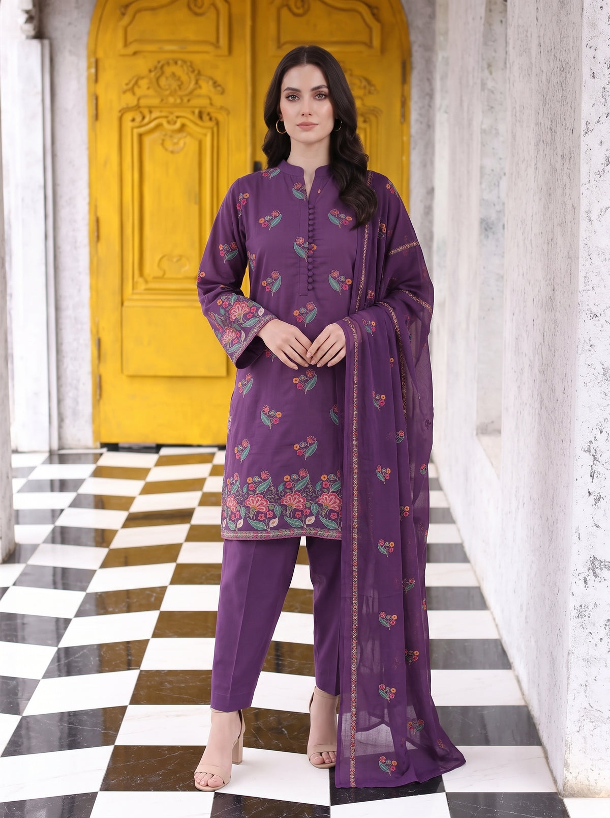 Vibrant Floral Purple Karandi