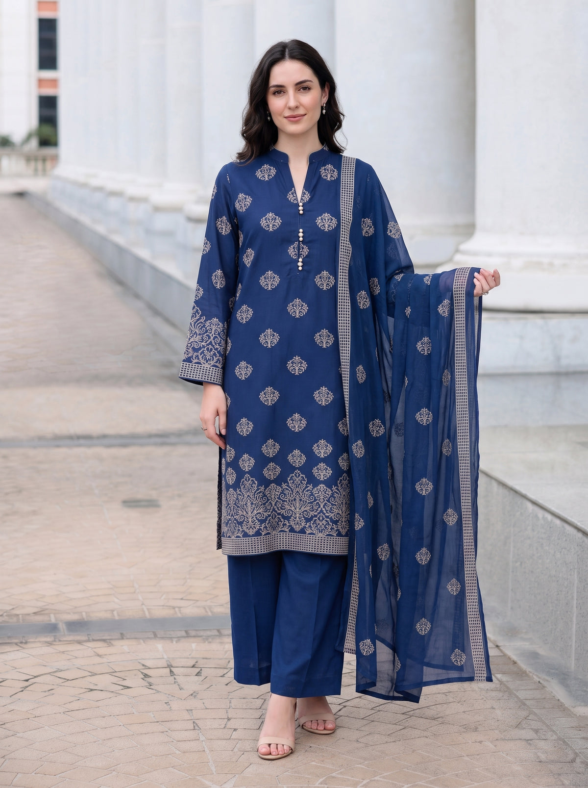 Navy Blue Motif Karandi