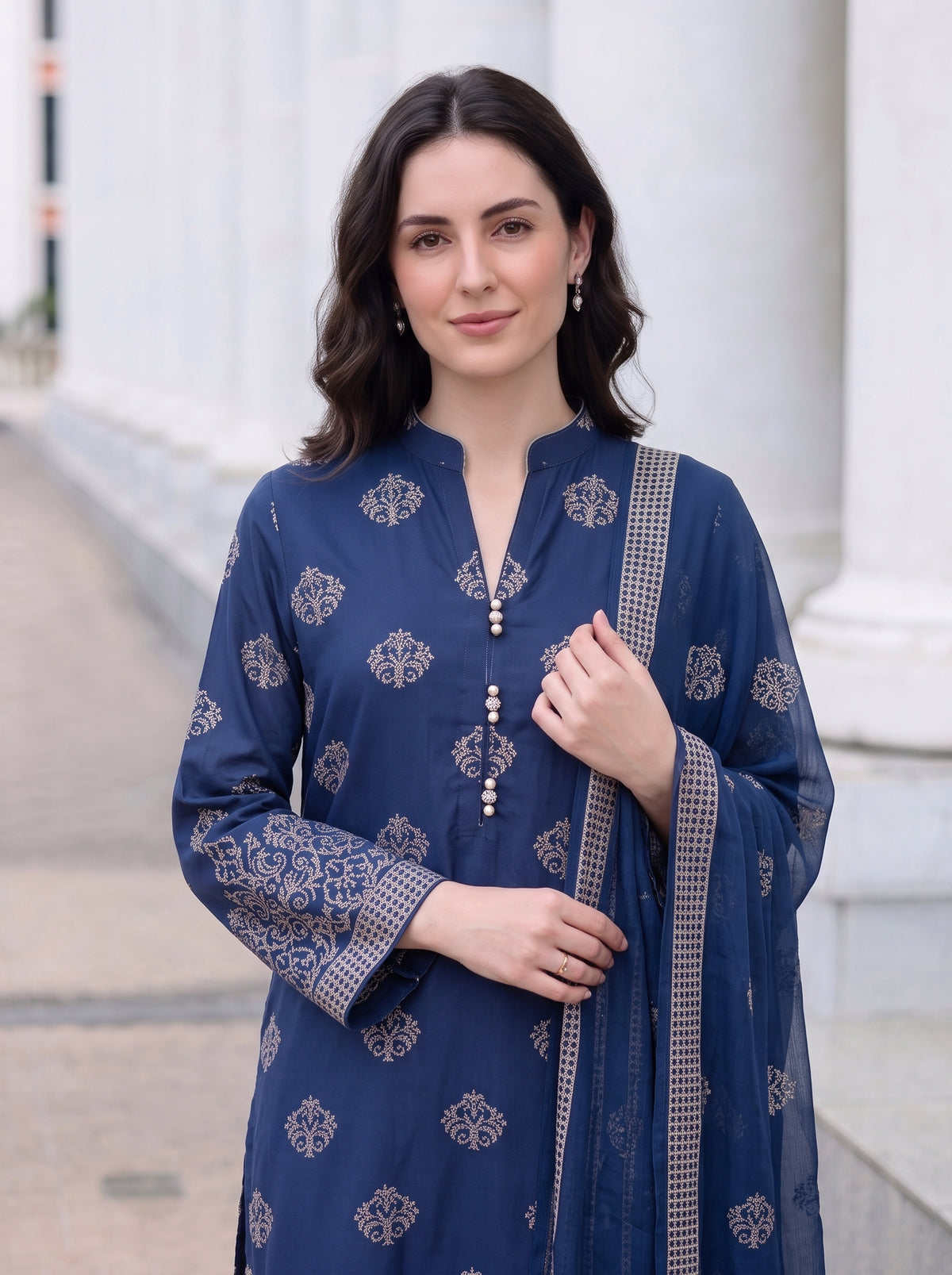 Navy Blue Motif Karandi