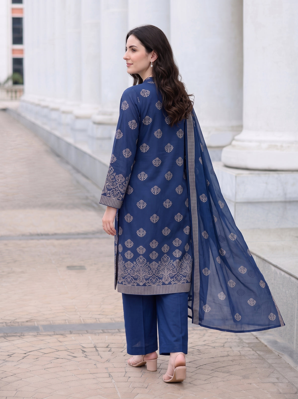 Navy Blue Motif Karandi