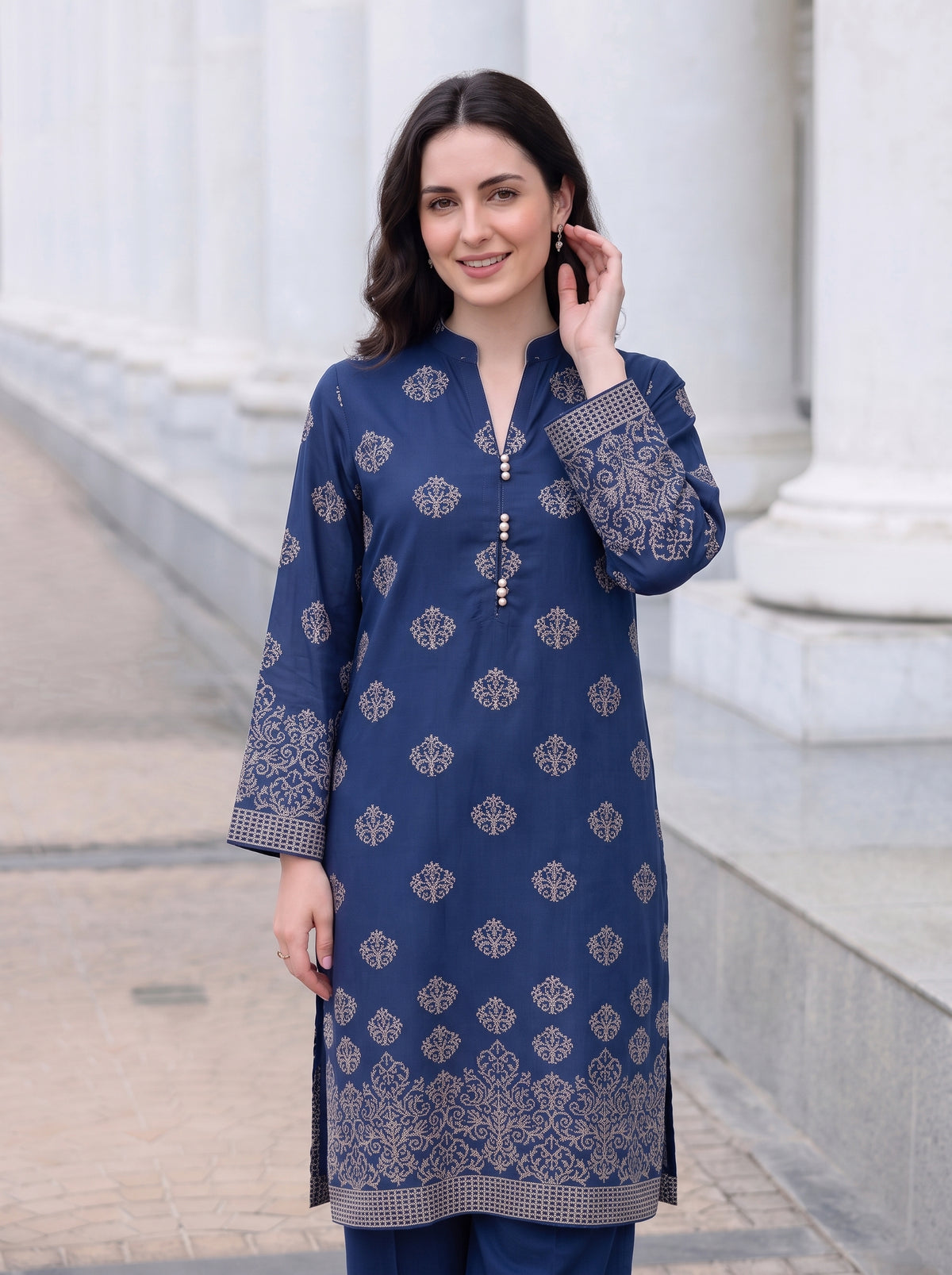 Navy Blue Motif Karandi